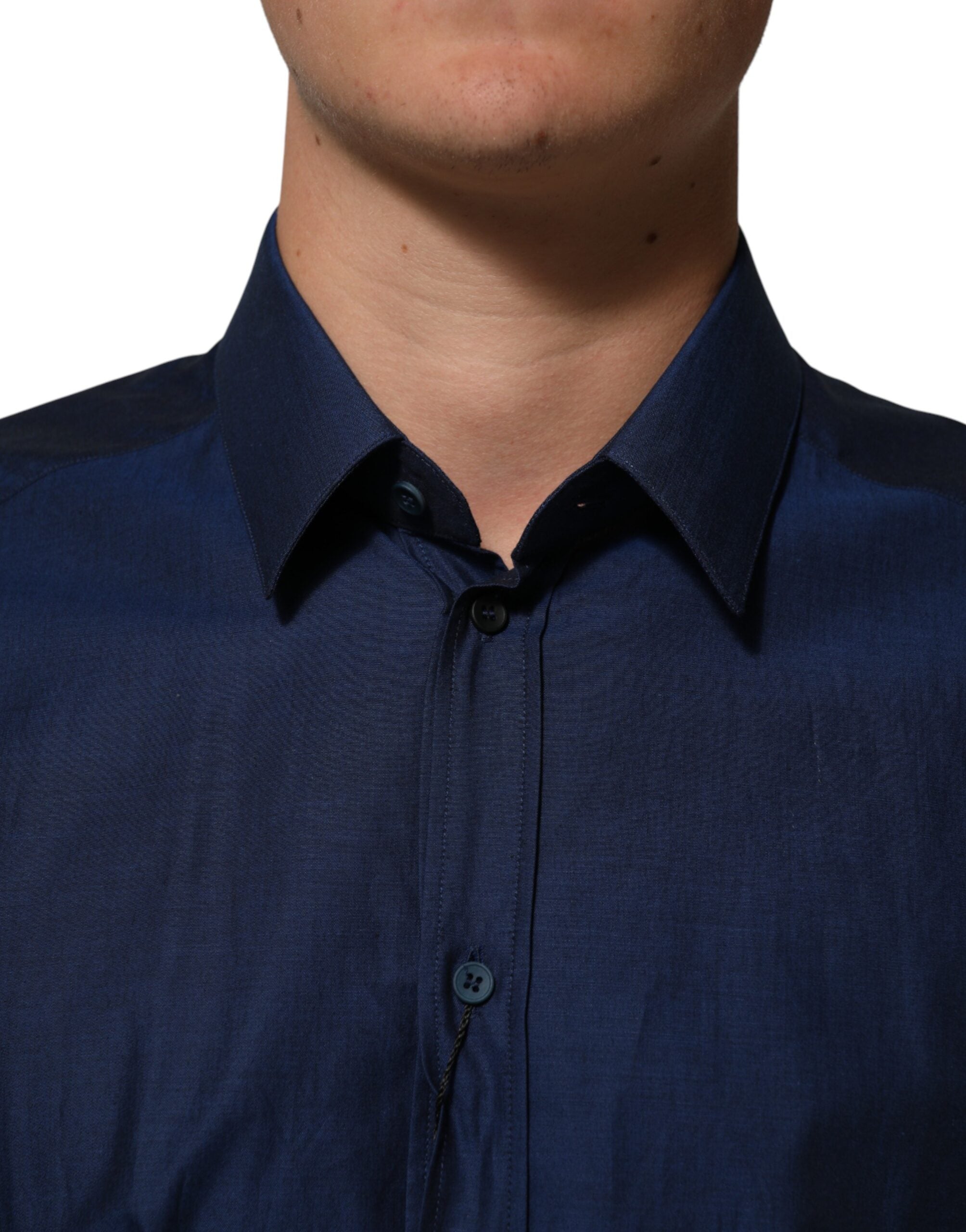 Camisa de vestir de algodón azul con cuello para hombre GOLD