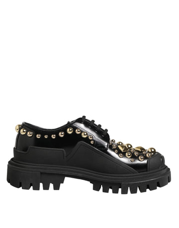 Black Leather Jeweled Crystals Derby Shoes