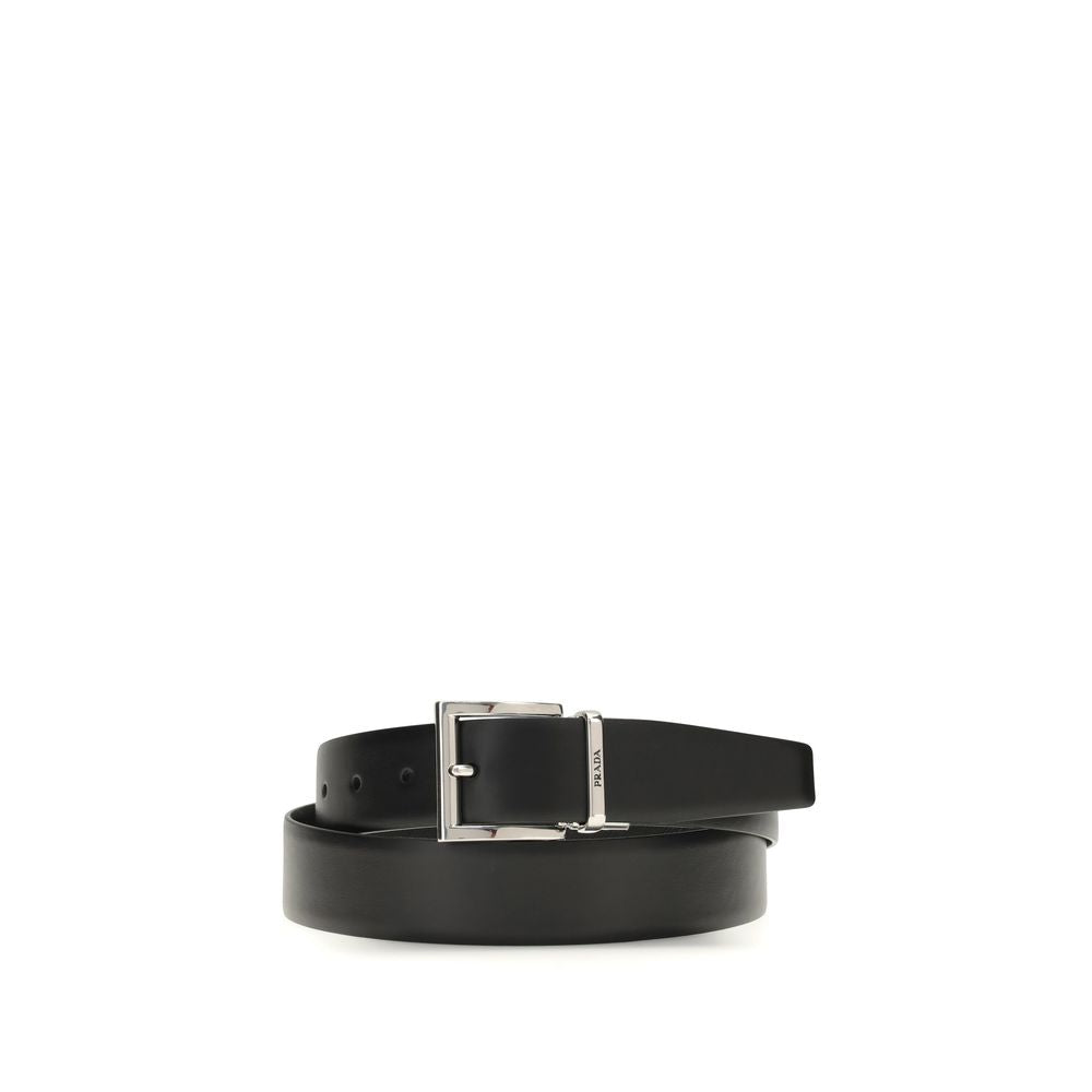 Prada Black Leather Belt with Satin-Effect Silver Logo Buckle