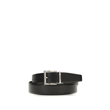 Prada Black Leather Belt with Satin-Effect Silver Logo Buckle