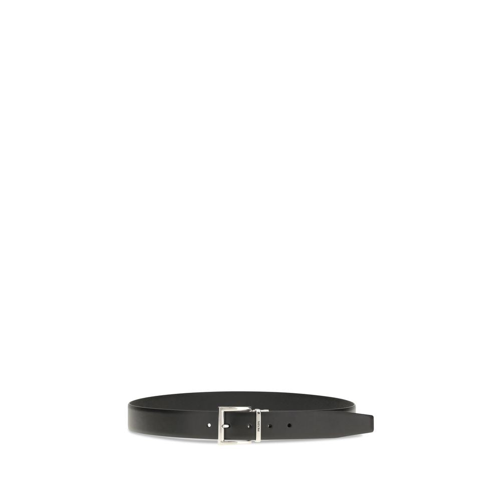 Prada Black Leather Belt with Satin-Effect Silver Logo Buckle
