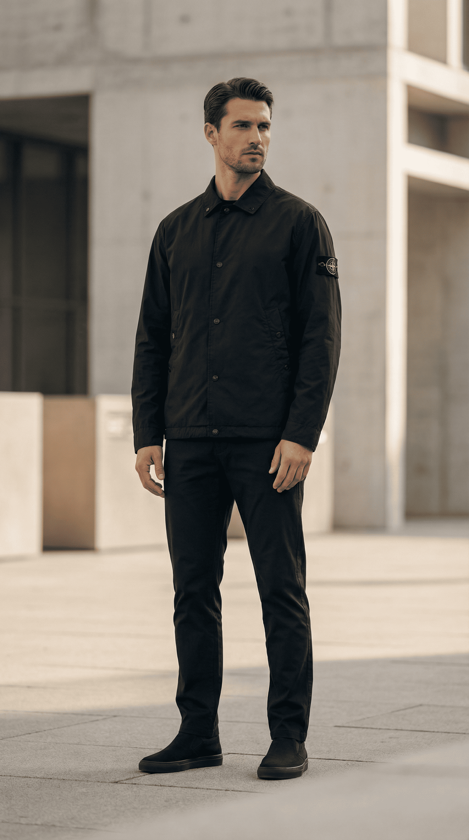 Stone Island Men's 'Nero' Technical Polyester Coat – Premium Classic Collar Jacket