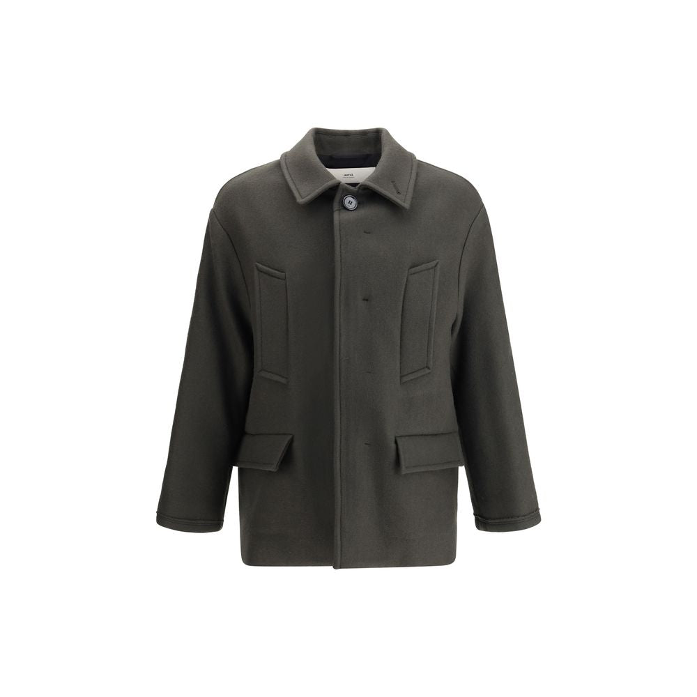 Front view of AMI Paris gray felted wool gabardine peacoat