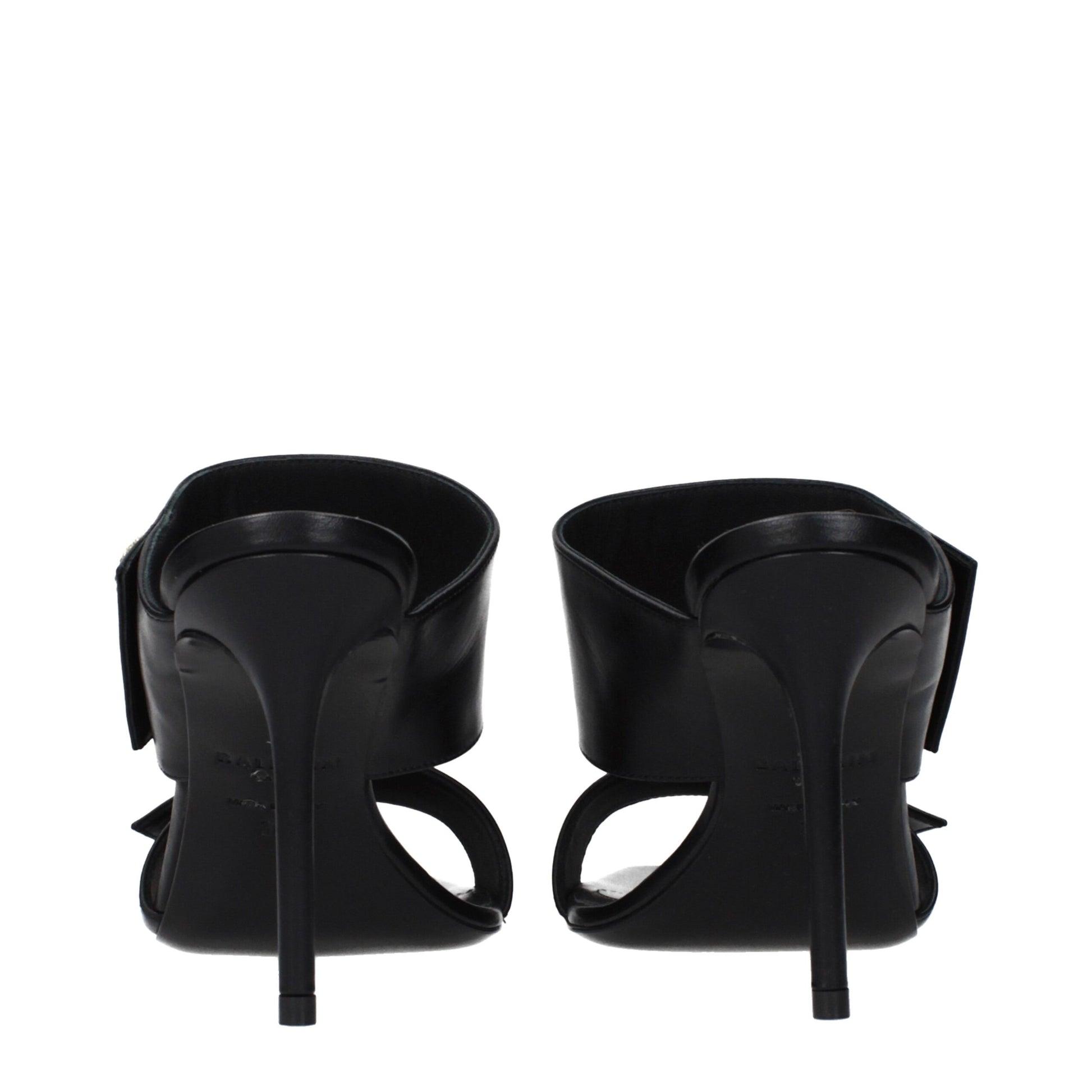 Close-up detail of black leather stiletto heel sandals by KILAUE
