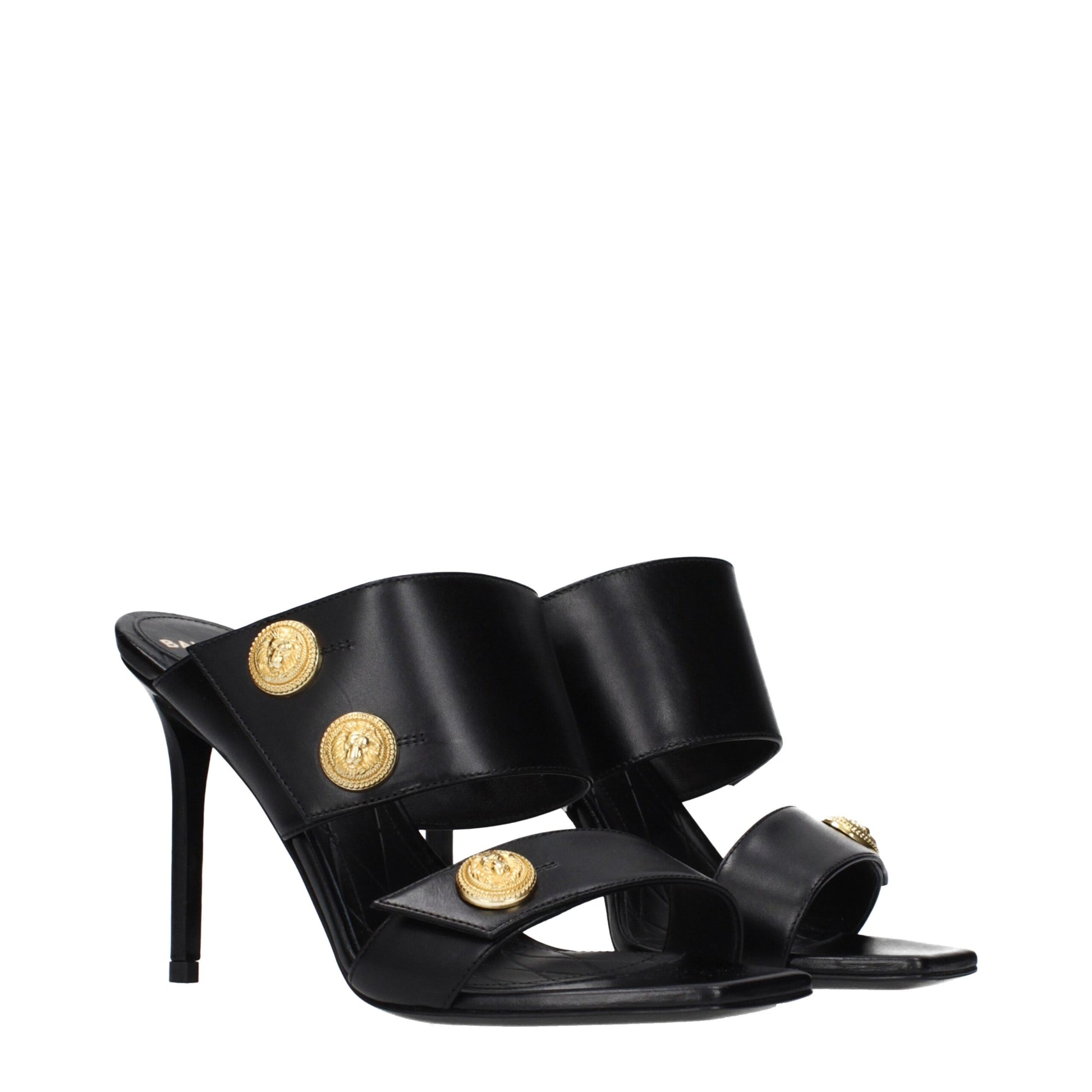Front view of black leather stiletto heel sandals by KILAUE
