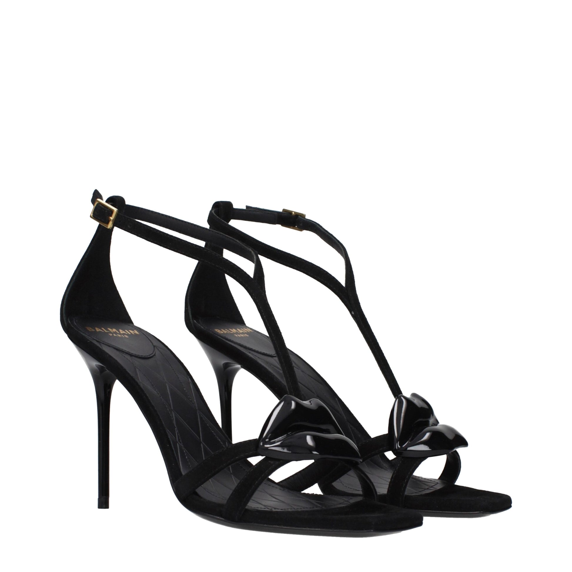 Front view of black leather stiletto heel sandals by KILAUE

