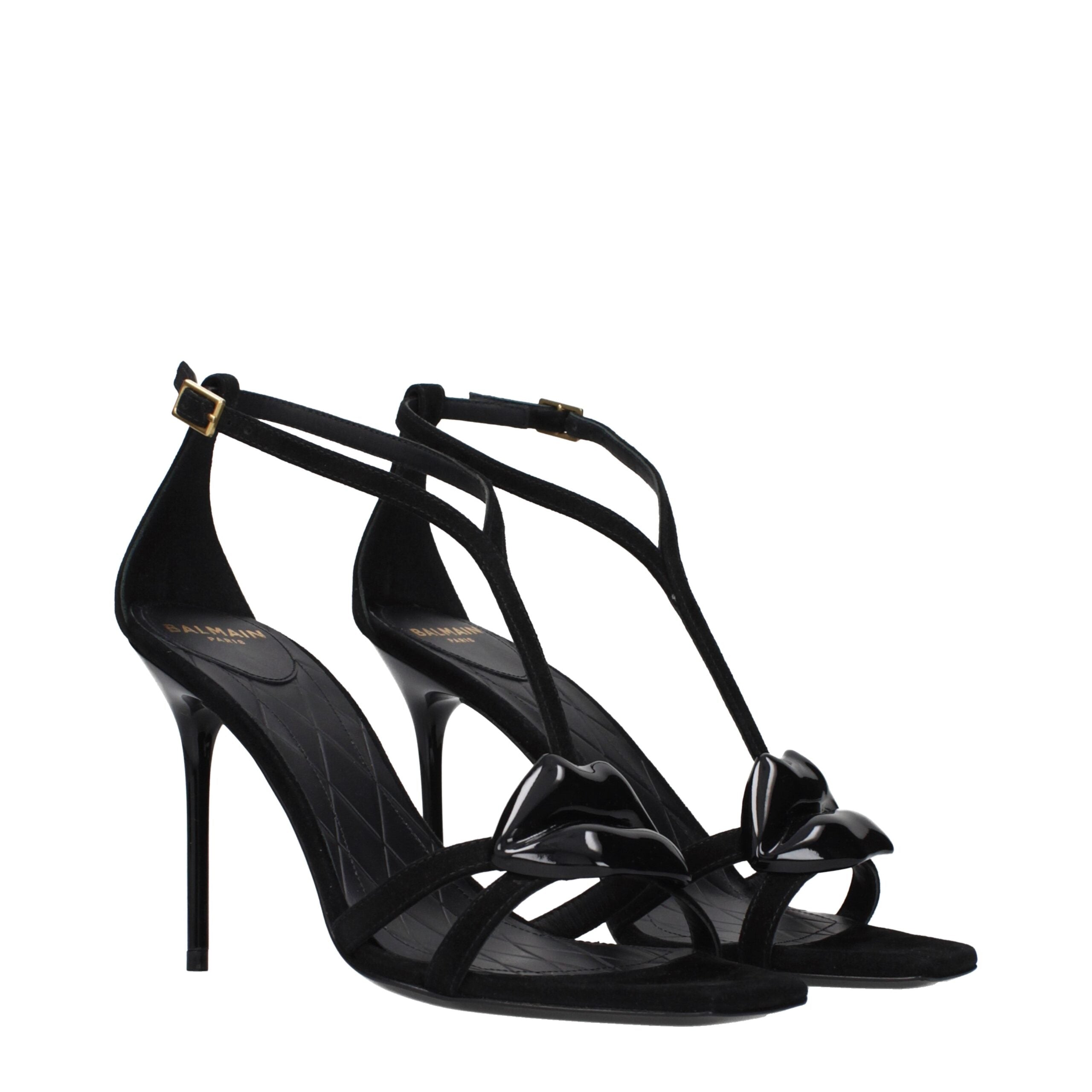 Front view of black leather stiletto heel sandals by KILAUE
