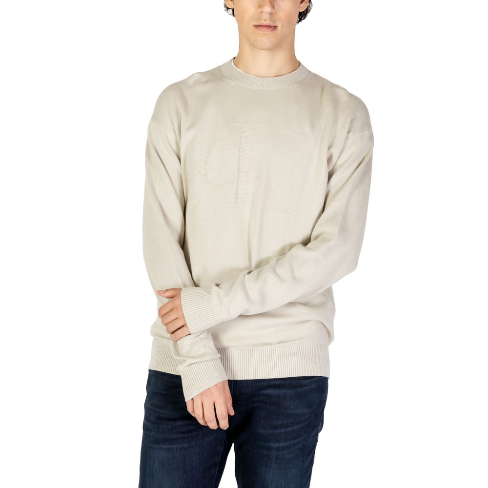 Calvin Klein men’s beige CK intarsia mix sweatshirt knit detail