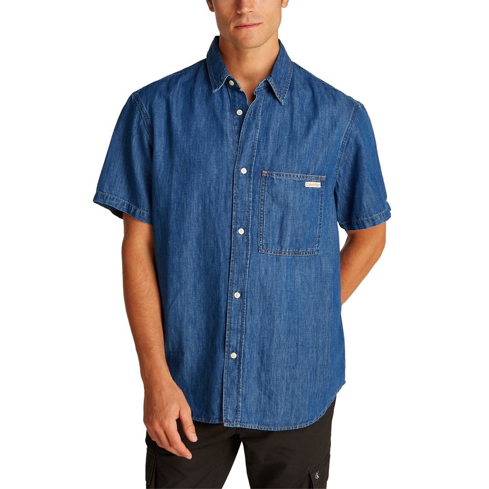 Calvin Klein blue denim button down shirt front view
