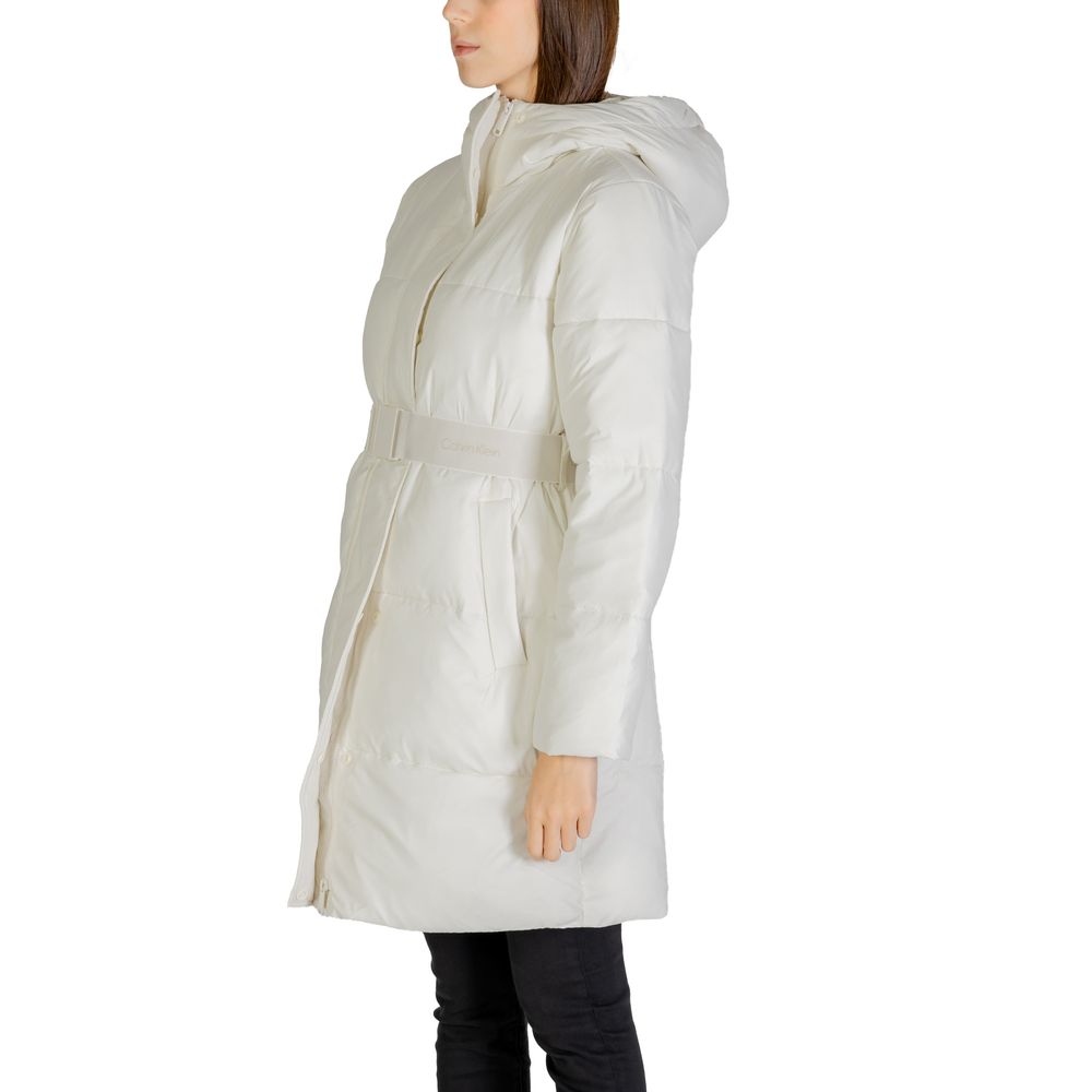 Calvin Klein women’s cream puffer coat belt detail view