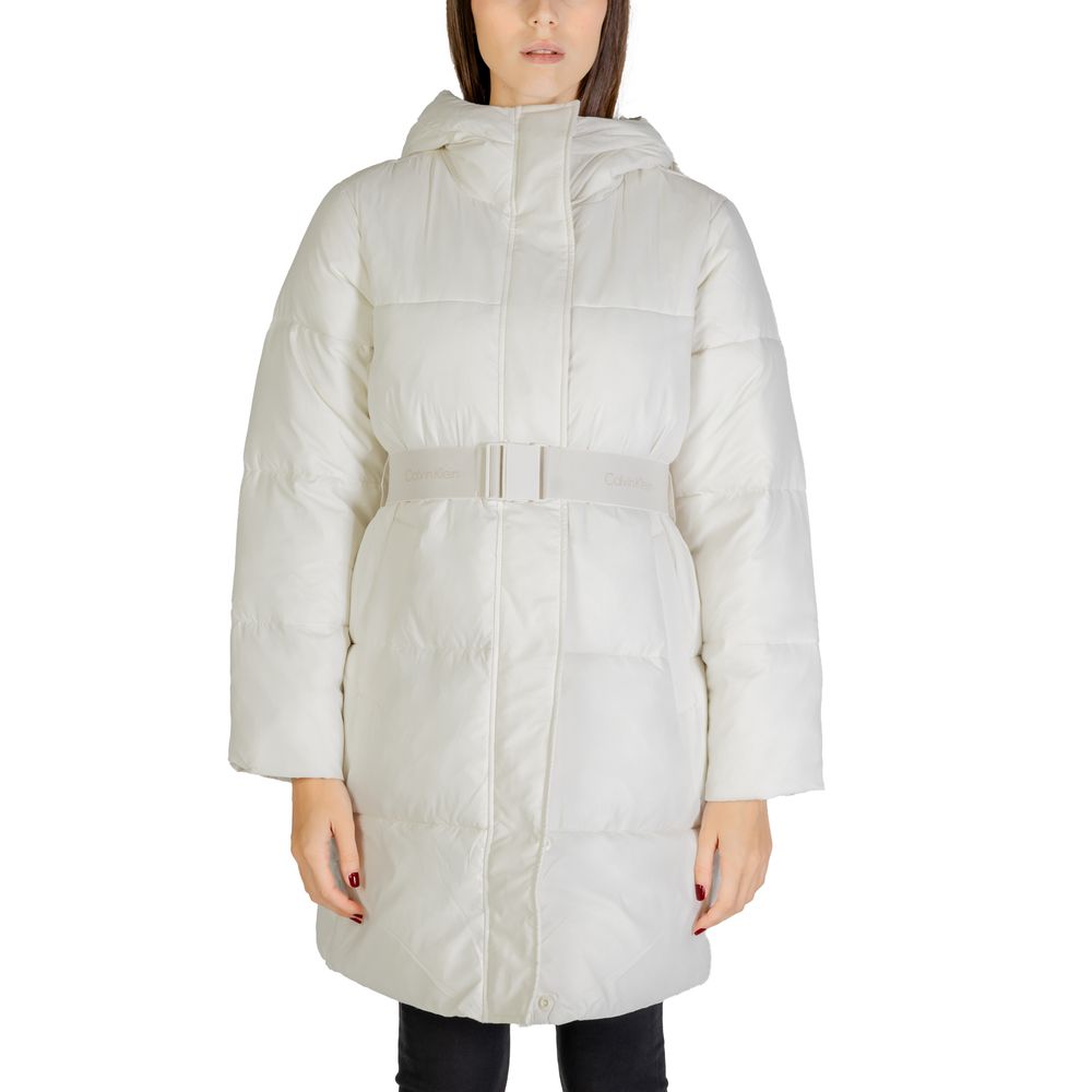 Calvin Klein women’s cream logo belt long puffer coat front view