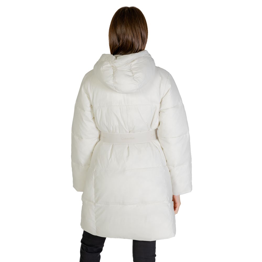 Calvin Klein women’s cream logo belt long puffer coat side view