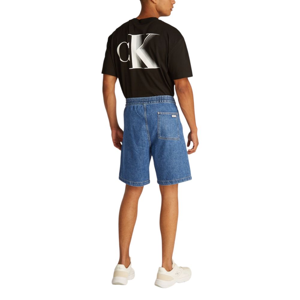 Back view of Calvin Klein Jeans mens blue cotton Bermuda shorts, premium classic fit