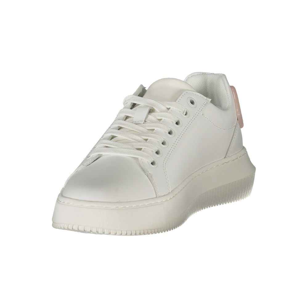 Calvin Klein women’s white luxe leather sneakers back view