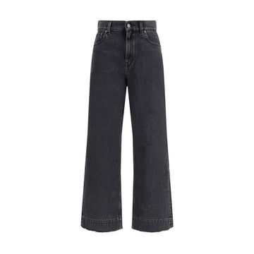 Front view of Chlo black high-waisted cropped denim flared jeans