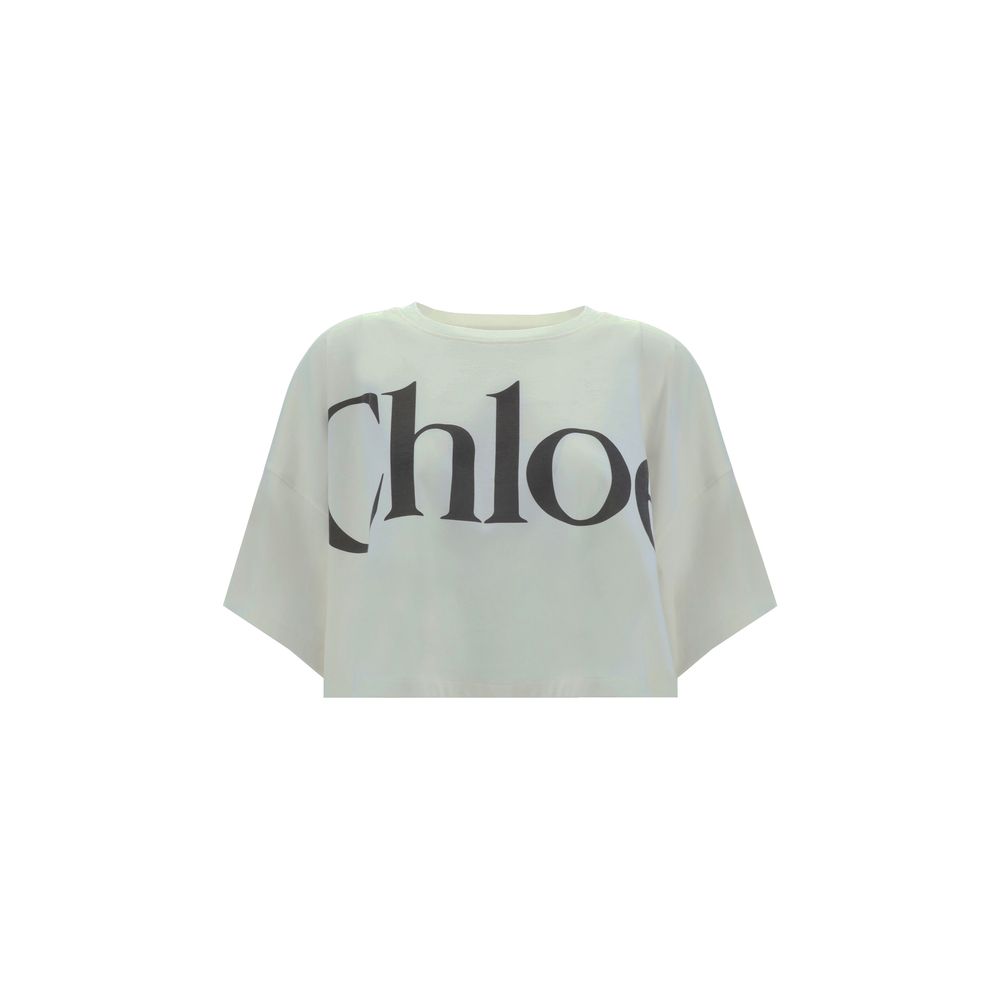 Front view of Chlo white cotton cropped ribbed crew neck tee