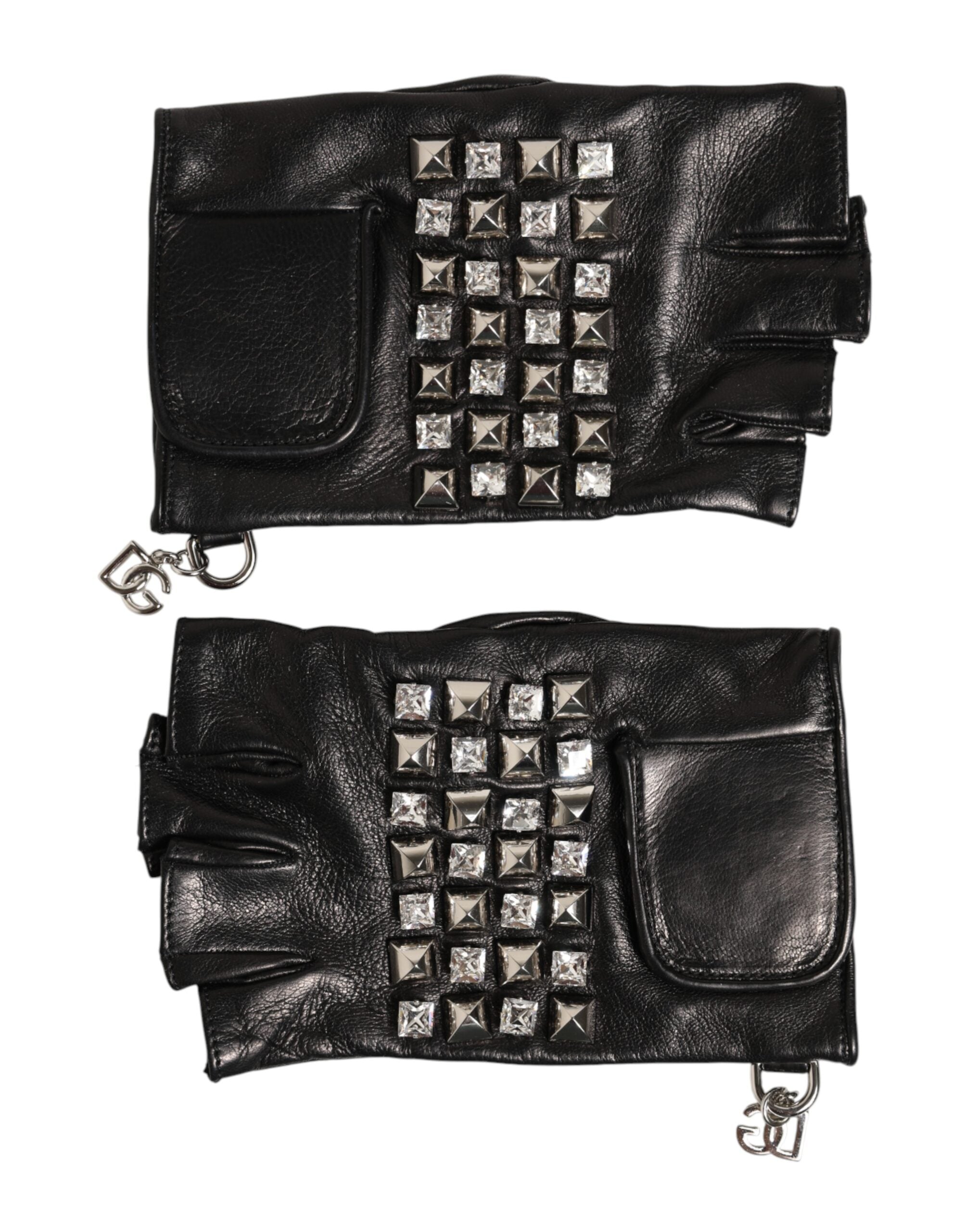 Front view of Dolce & Gabbana black studded leather fingerless gloves by KILAUE
