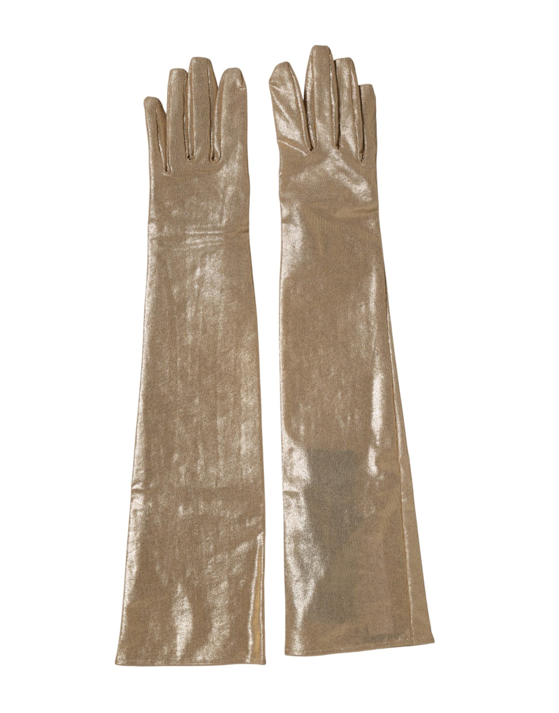 Front view of Dolce & Gabbana beige nylon elbow‑length mitten gloves by KILAUE
