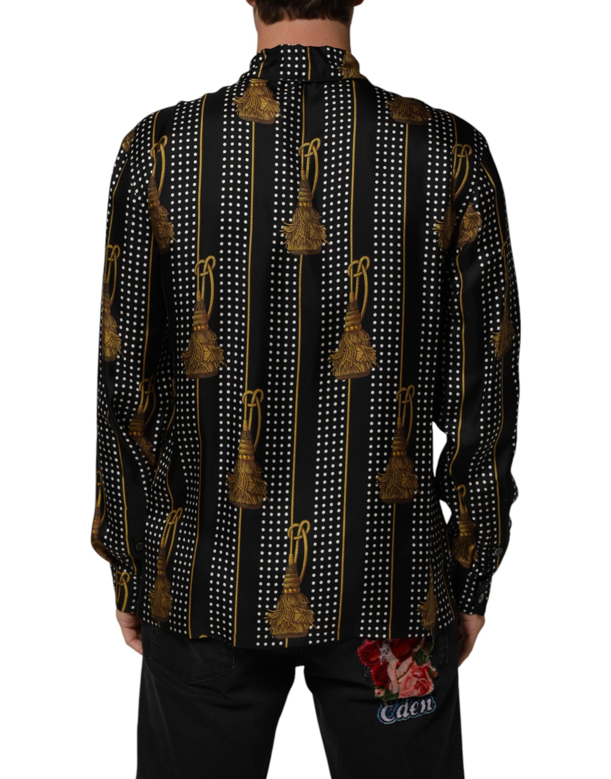 Front view of Dolce & Gabbana black dotted silk tassel shirt by KILAUE
