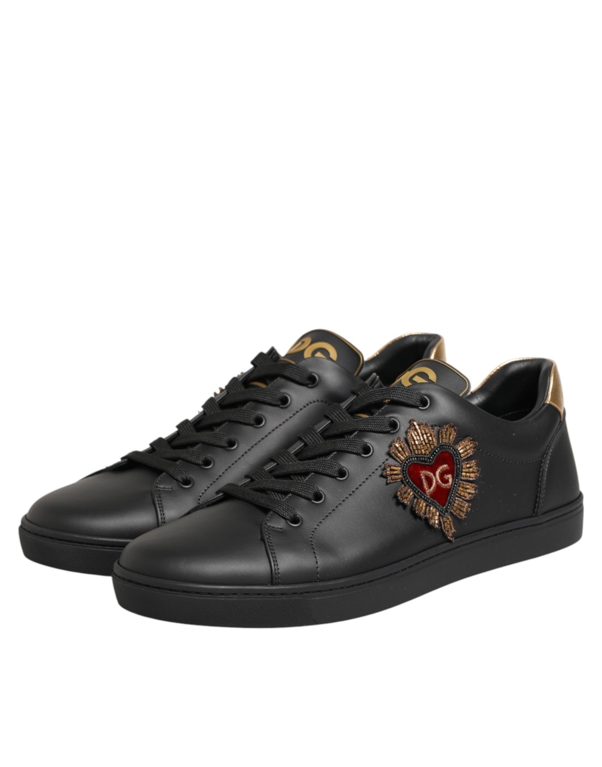 Front view of Dolce & Gabbana black leather heart embellished sneakers by KILAUE
