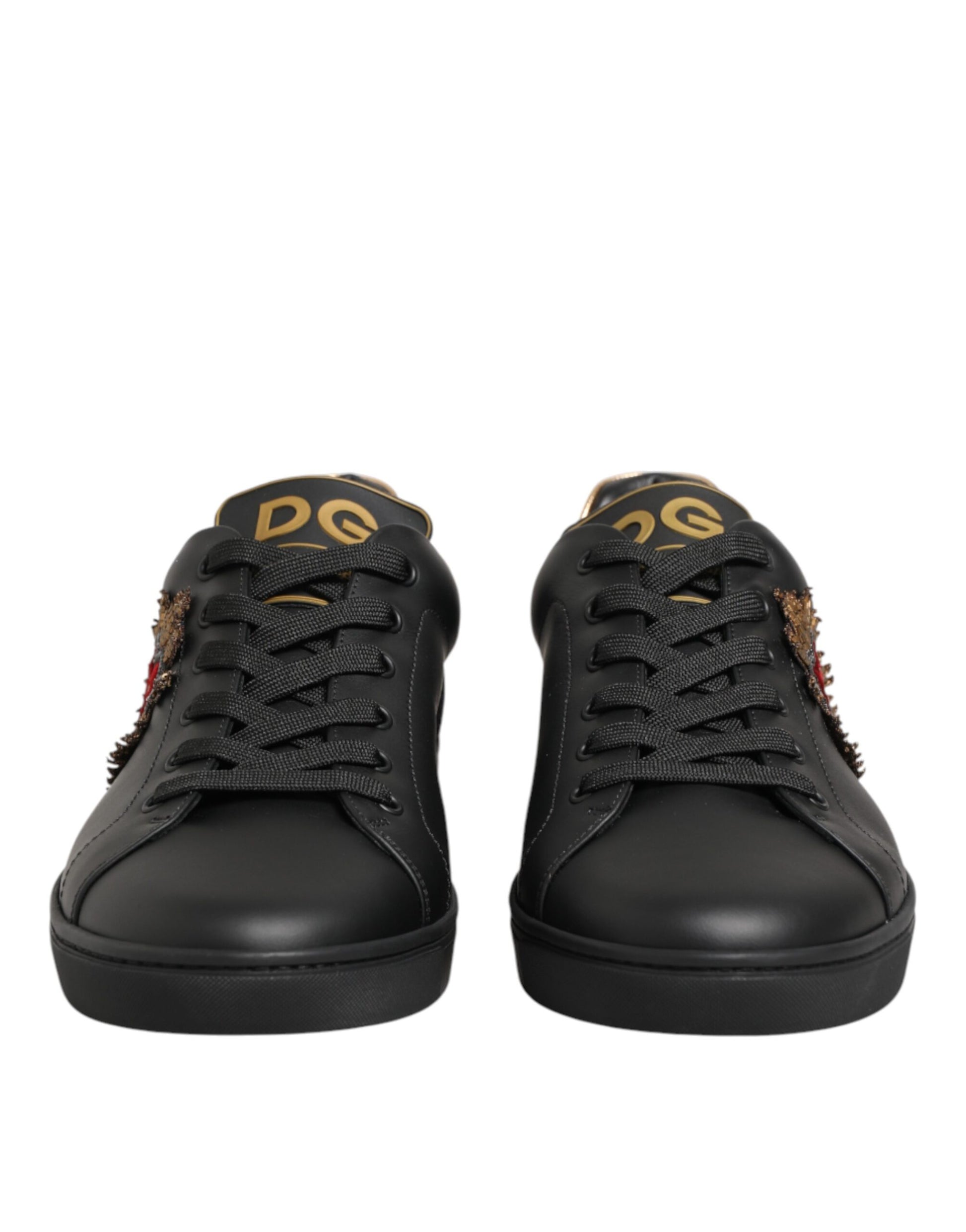 Dolce & Gabbana black leather heart embellished low‑top sneakers by KILAUE
