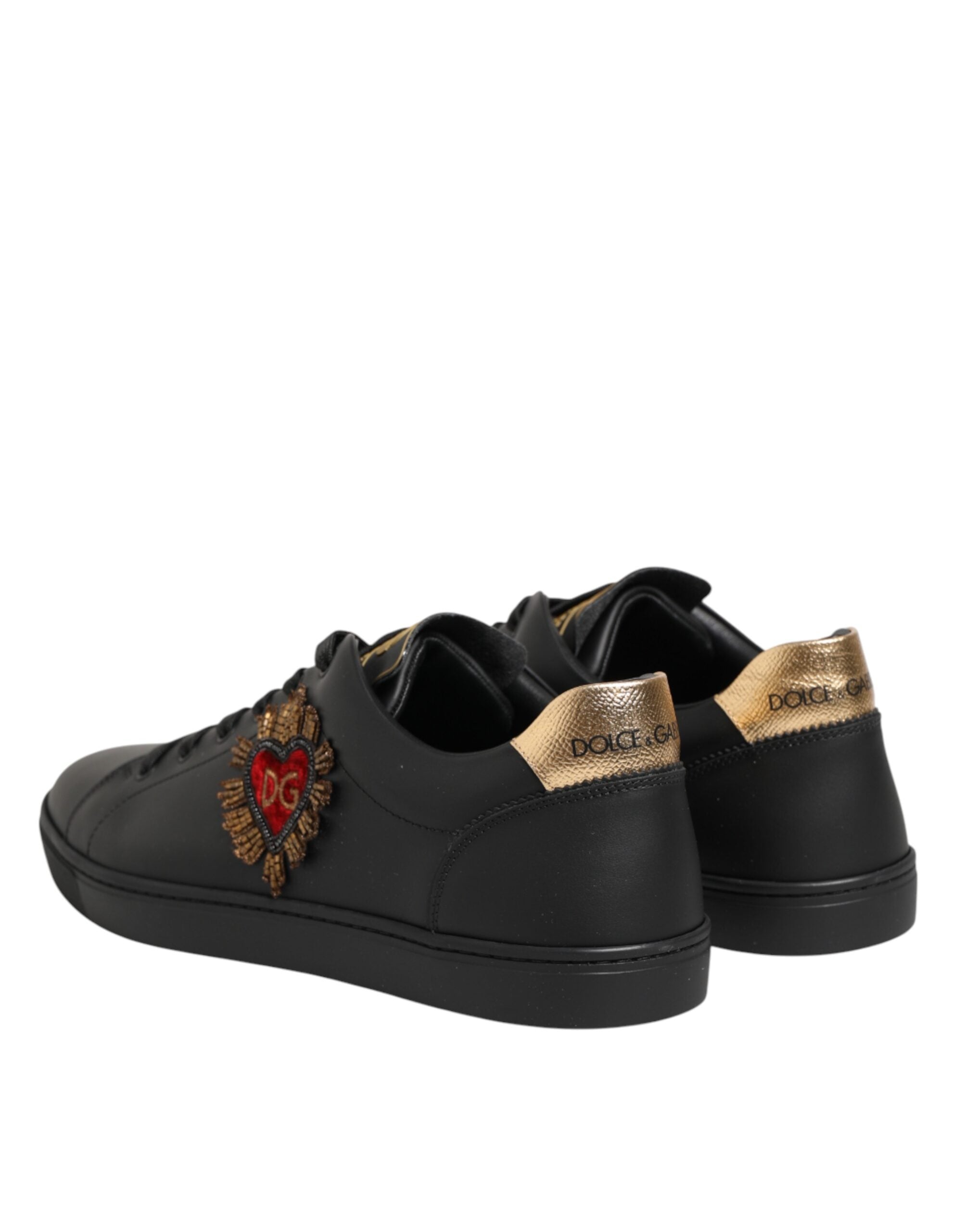 Back view of Dolce & Gabbana black leather heart embellished sneakers