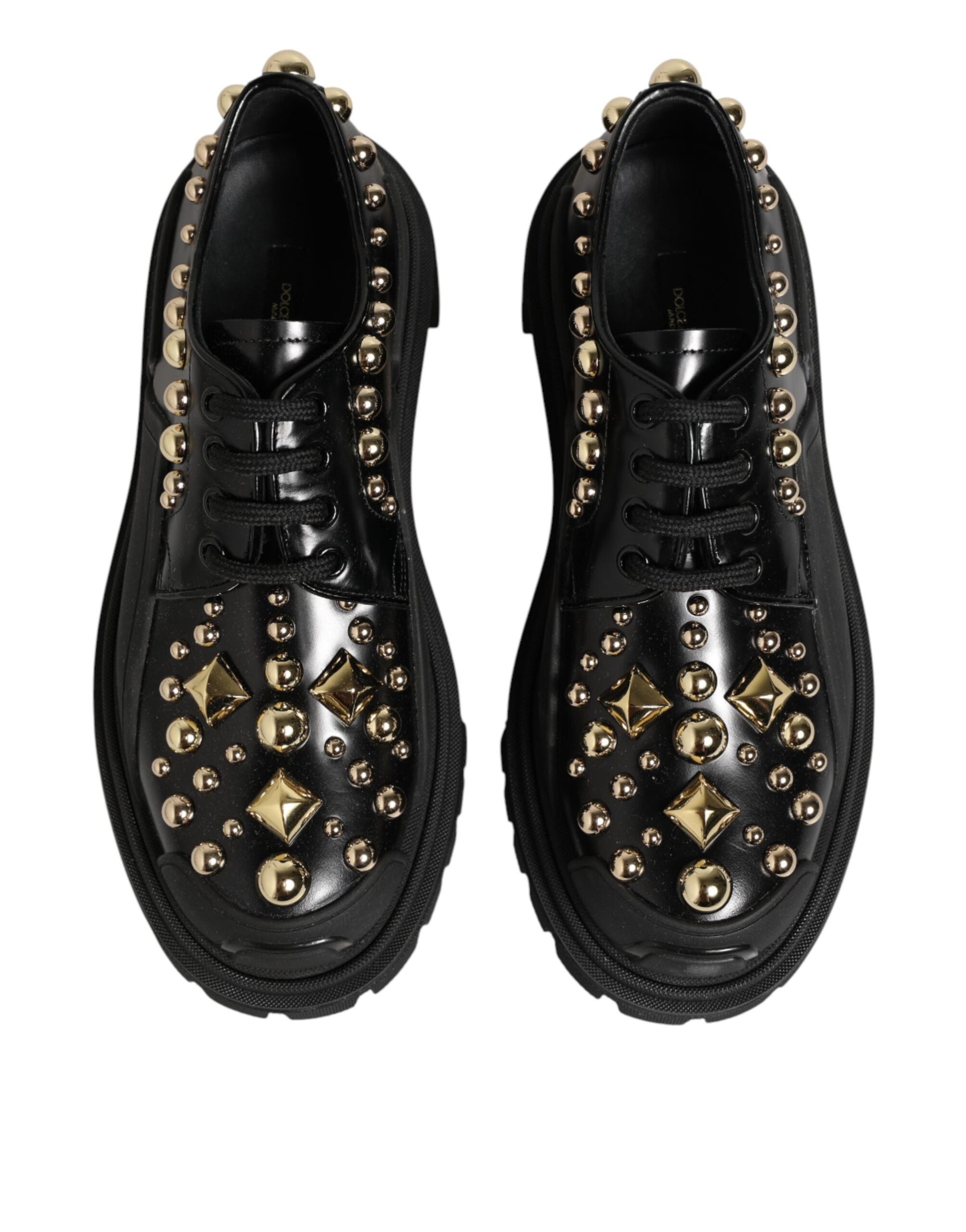 Front view of Dolce & Gabbana black leather jeweled crystal derby shoes by KILAUE

