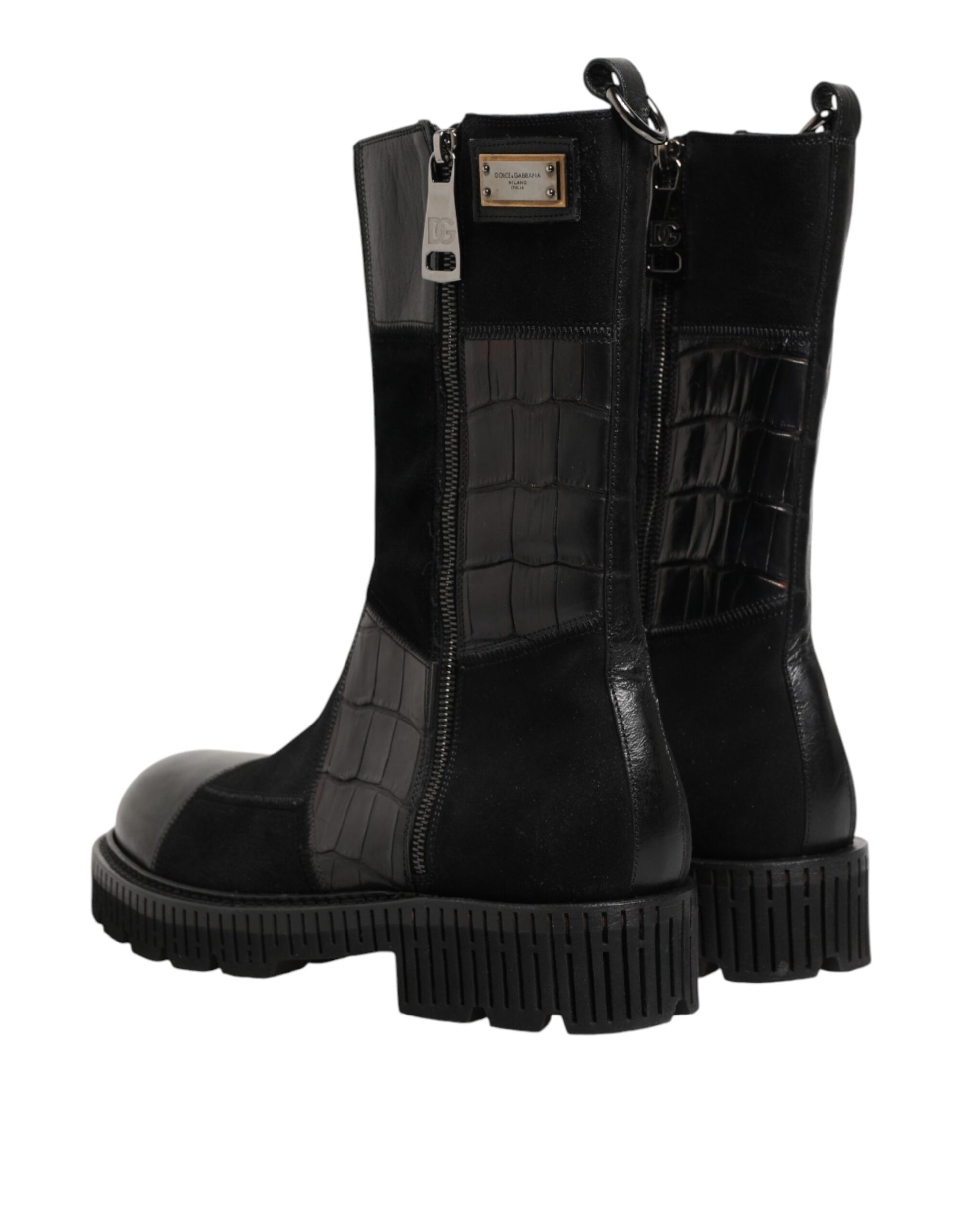 Back view of Dolce & Gabbana black patchwork leather mid‑calf boots by KILAUE
