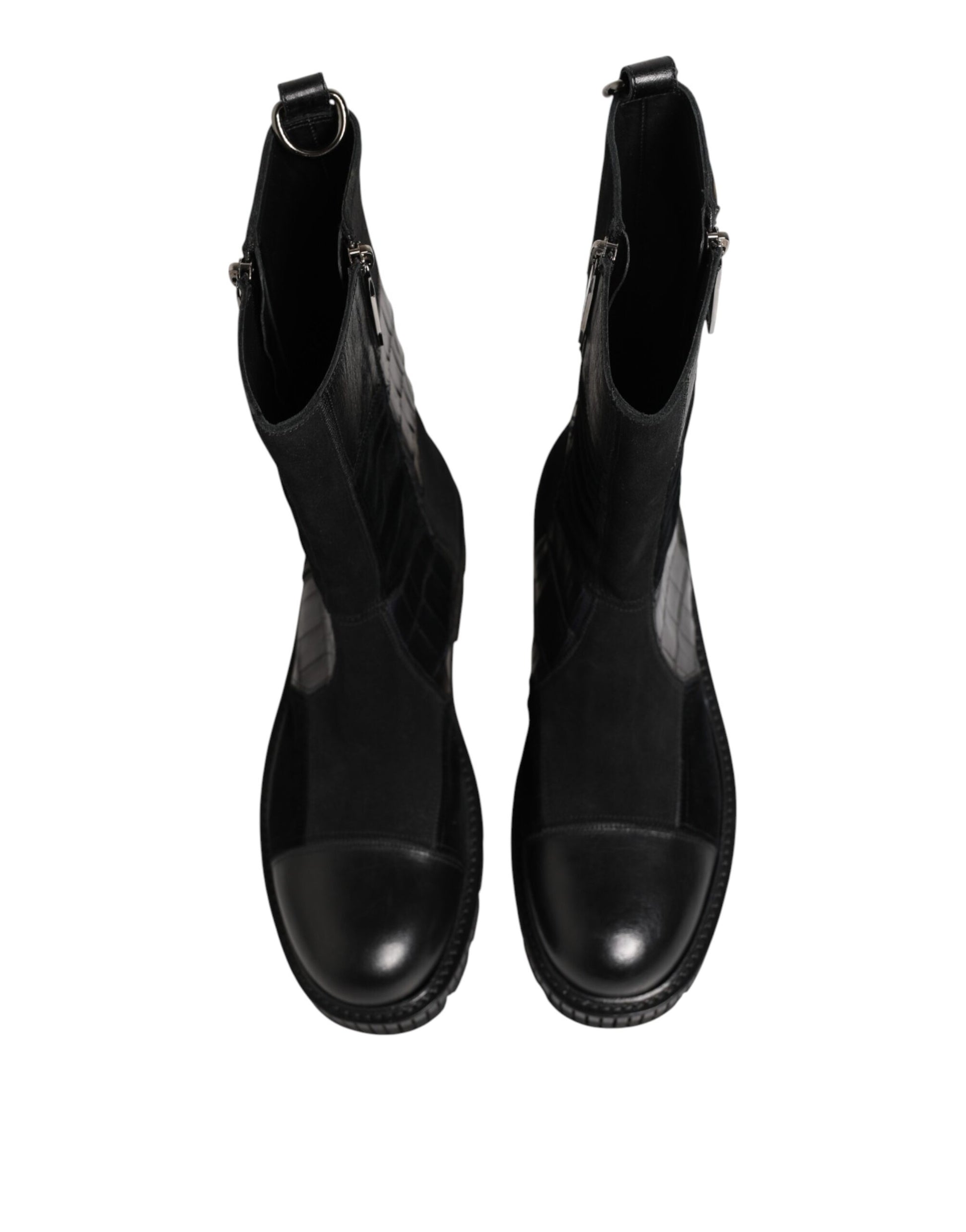Front view of Dolce & Gabbana black patchwork leather mid‑calf boots by KILAUE
