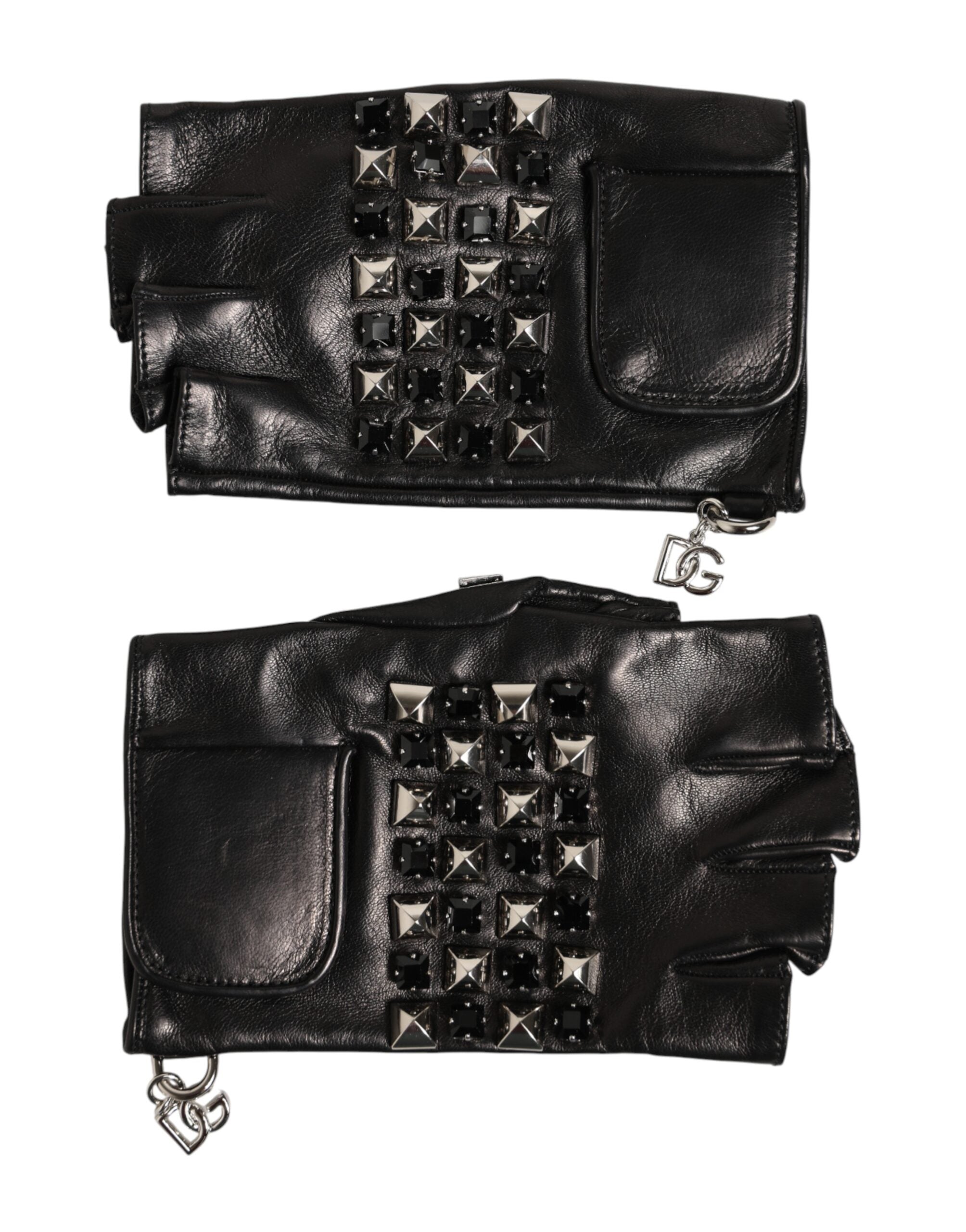 Front view of Dolce & Gabbana black studded leather fingerless gloves by KILAUE

