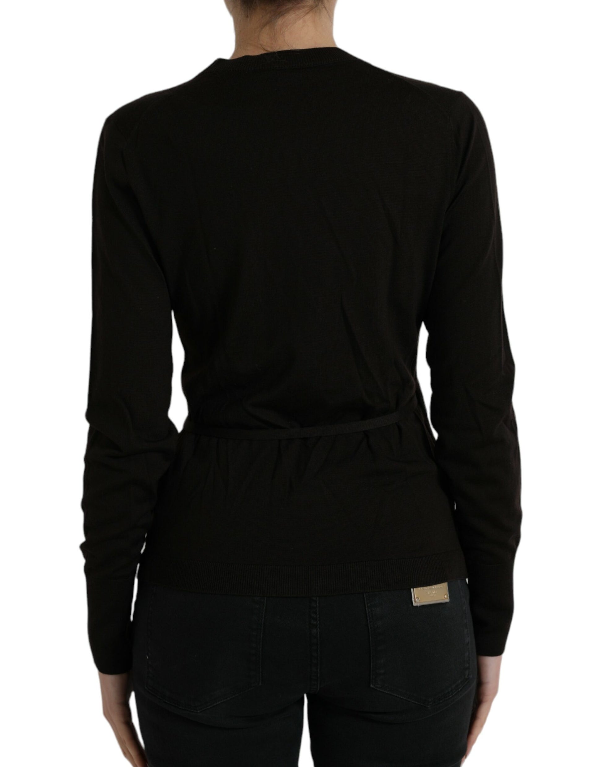Back view of Dolce & Gabbana black virgin wool V‑neck cardigan
