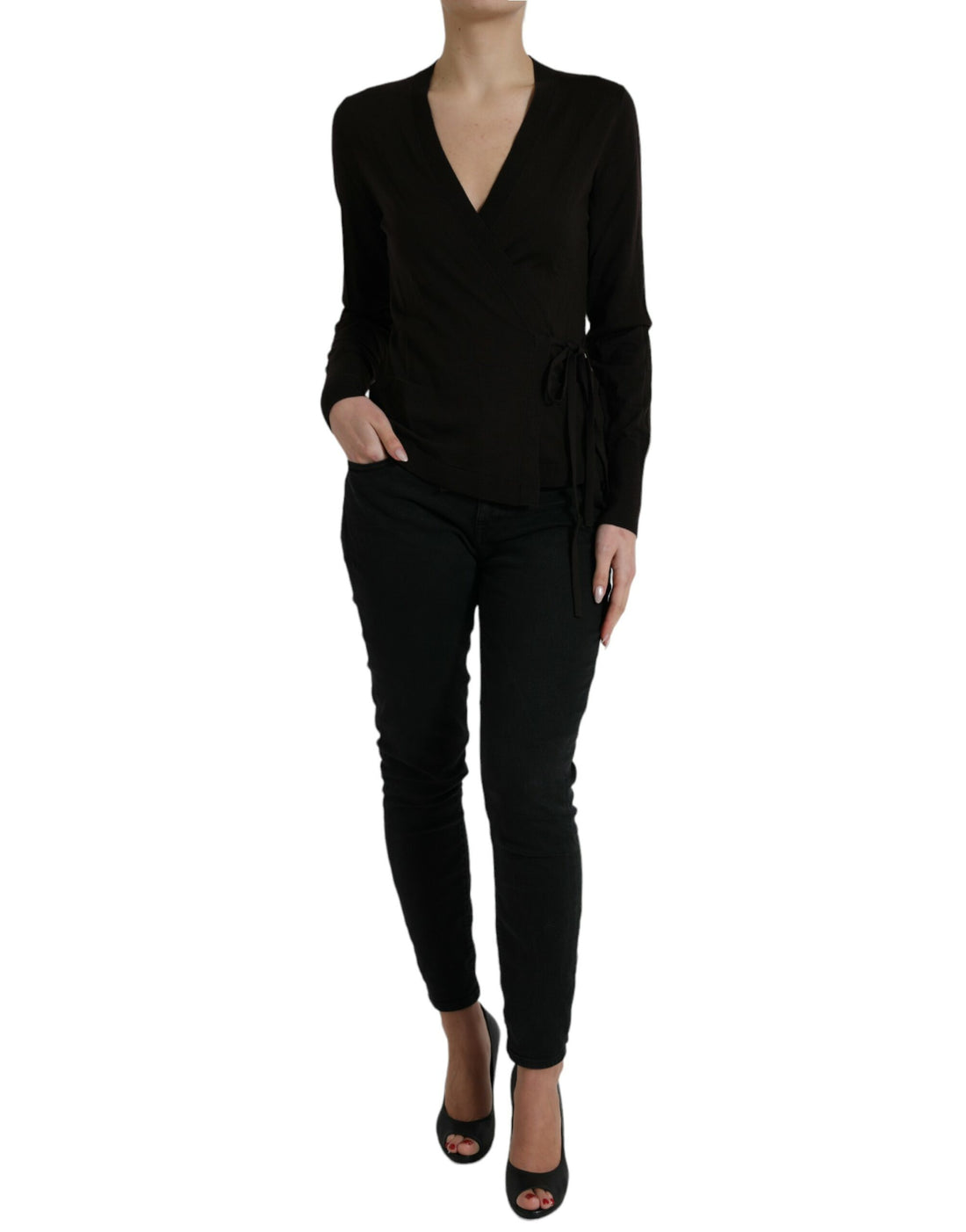 Front view of Dolce & Gabbana black virgin wool V‑neck cardigan