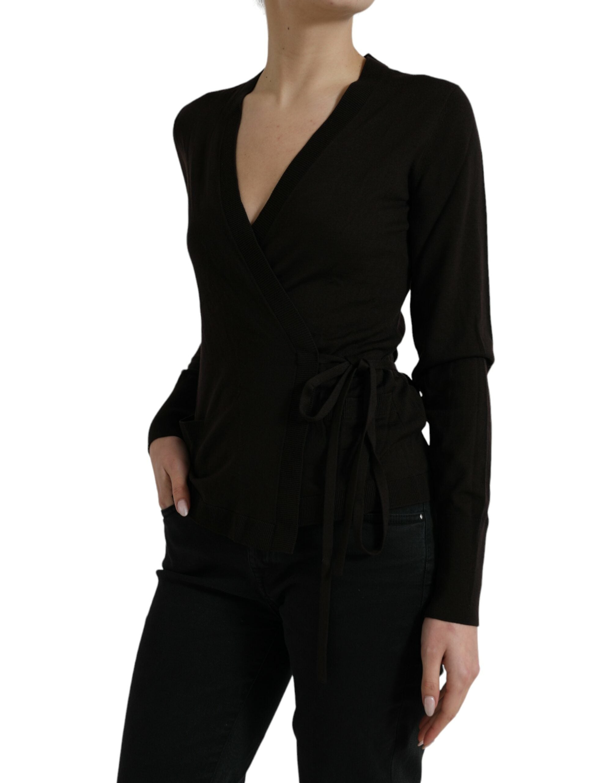 Side view of Dolce & Gabbana black virgin wool V‑neck cardigan