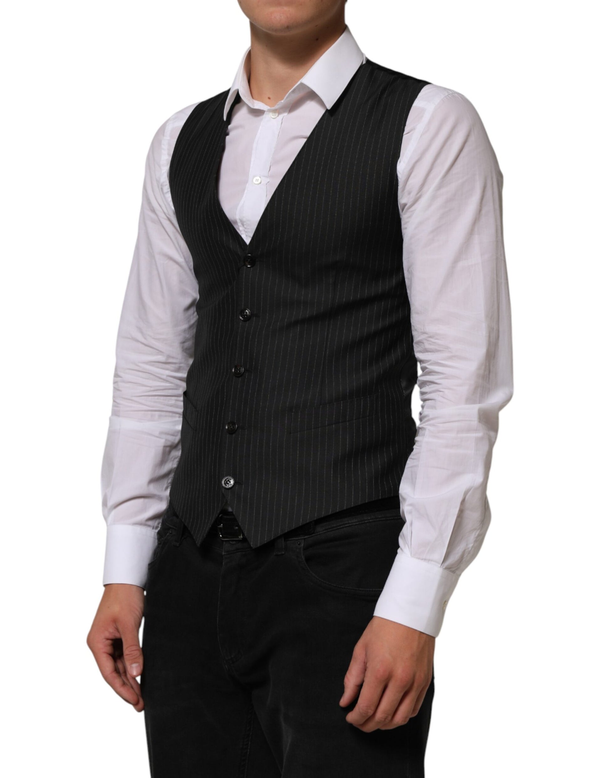 Front view of Dolce & Gabbana black wool formal waistcoat by KILAUE
