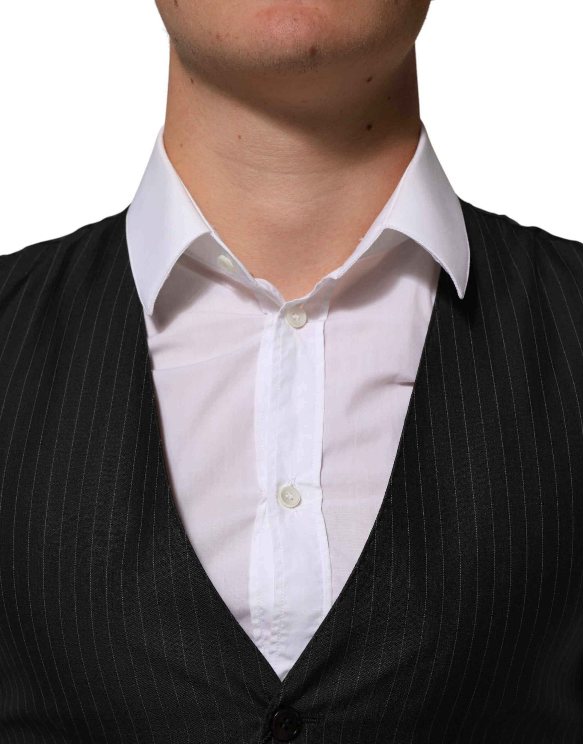 Model wearing Dolce & Gabbana black wool formal waistcoat by KILAUE
