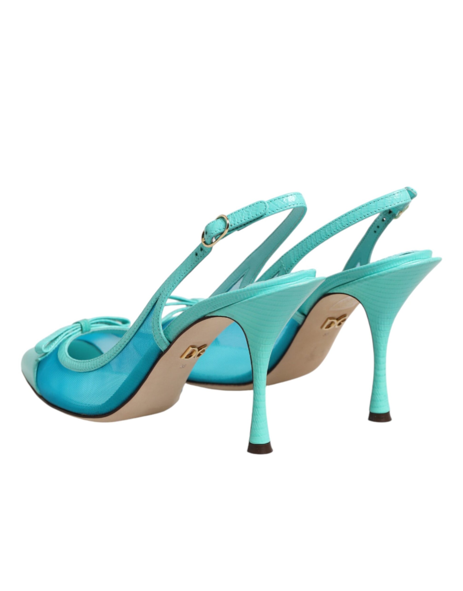 Rear view of Dolce & Gabbana blue leather mesh slingback heels by KILAUE
