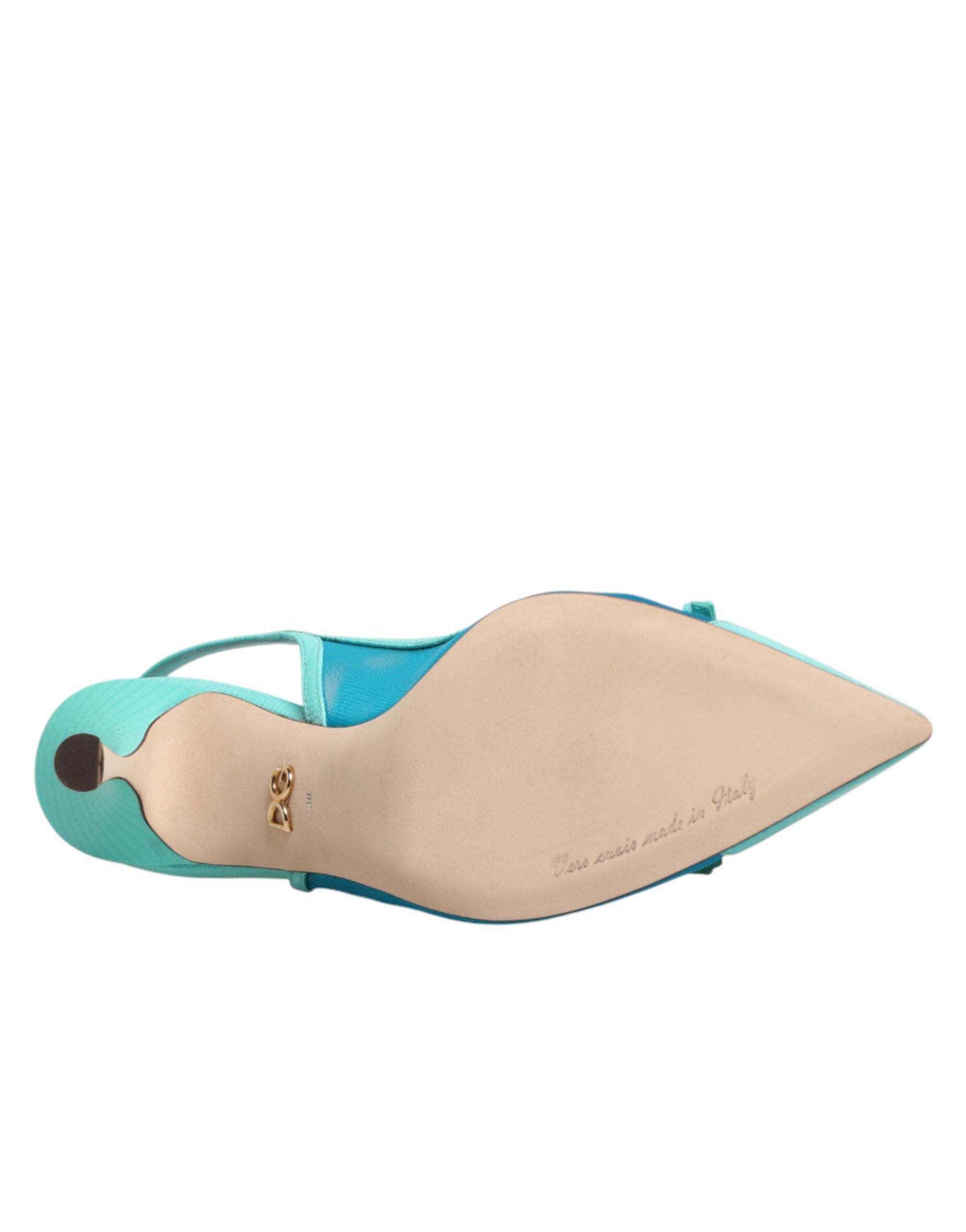 Close‑up of Dolce & Gabbana blue leather mesh slingback heels by KILAUE
