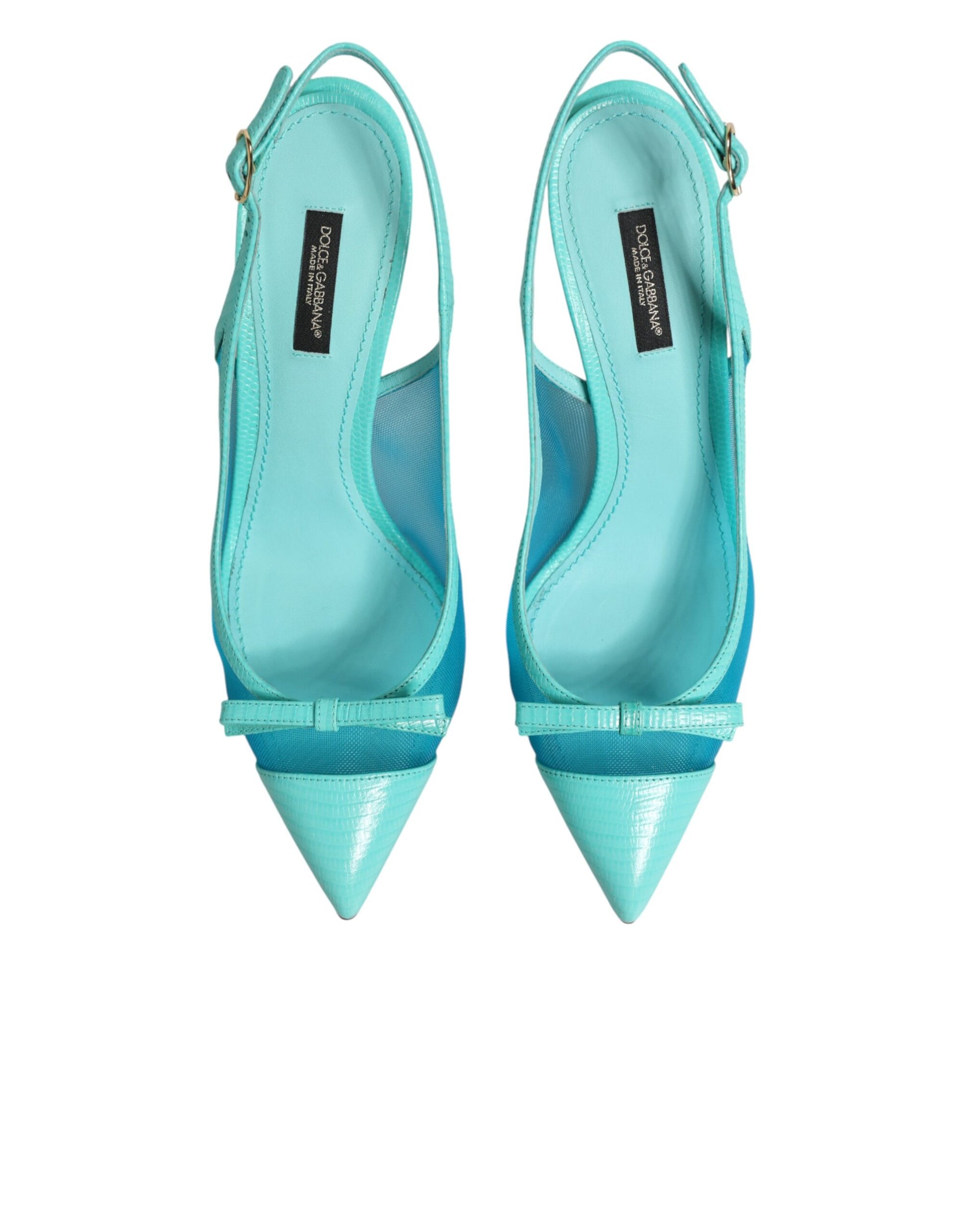 Side view of Dolce & Gabbana blue leather mesh slingback heels by KILAUE
