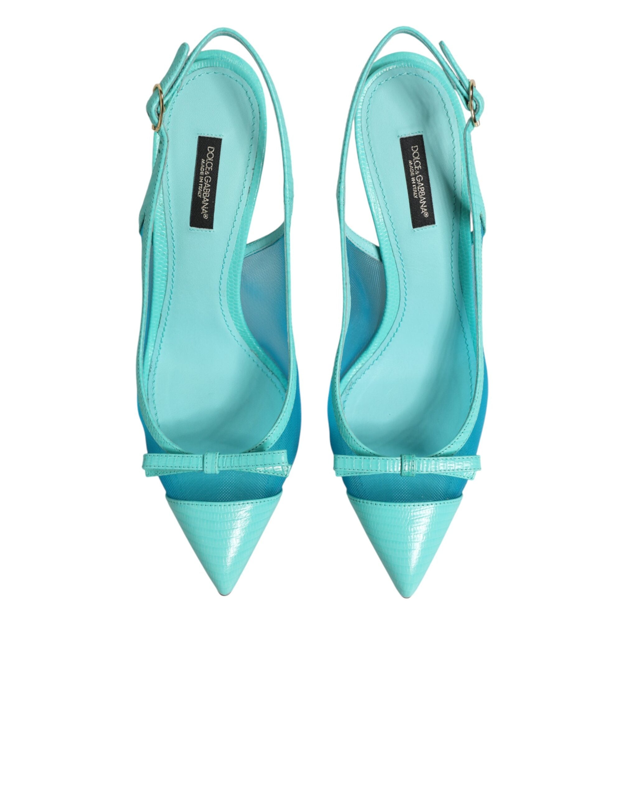 Side view of Dolce & Gabbana blue leather mesh slingback heels by KILAUE

