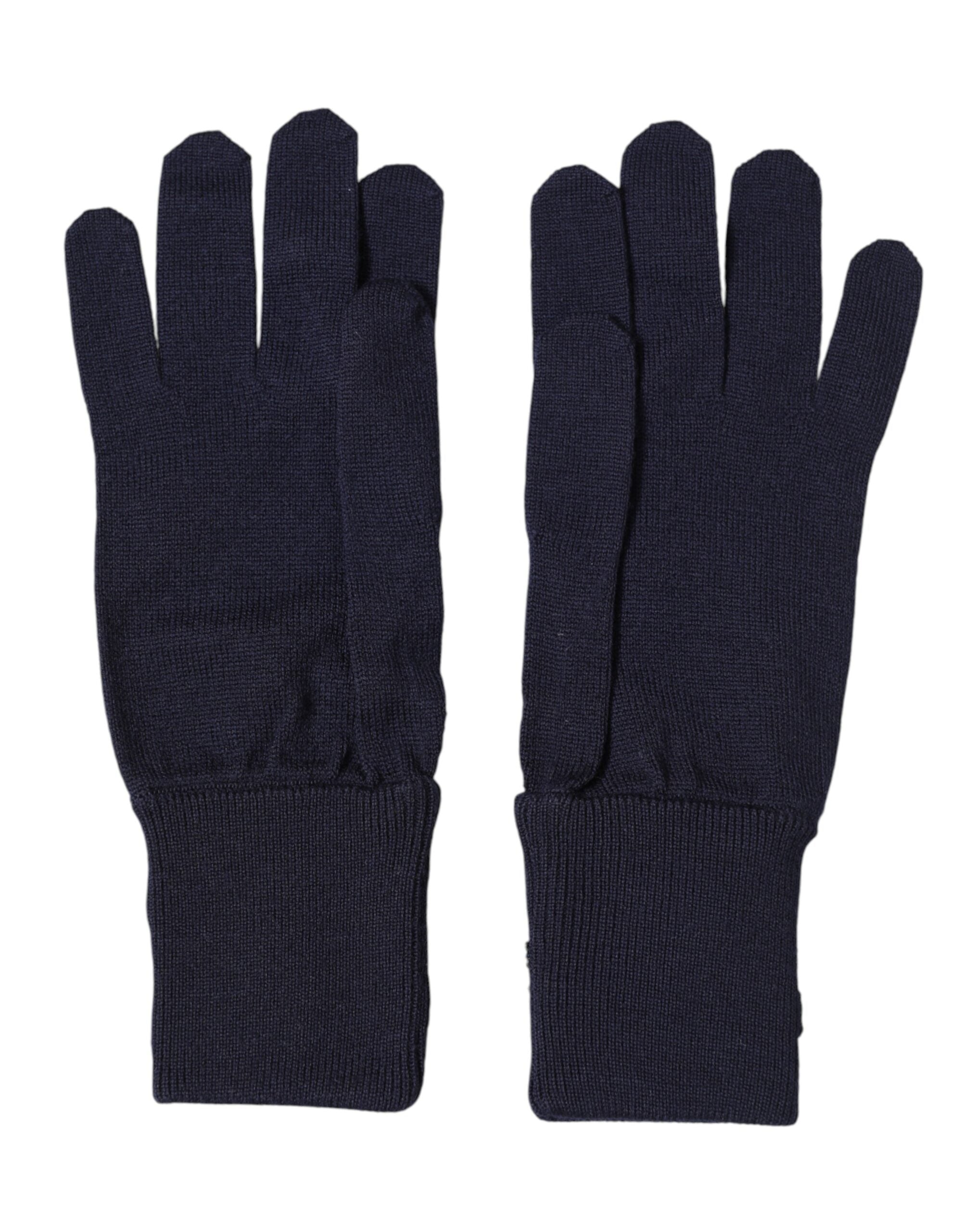 Model wearing Dolce & Gabbana blue wool embroidered mitten gloves by KILAUE
