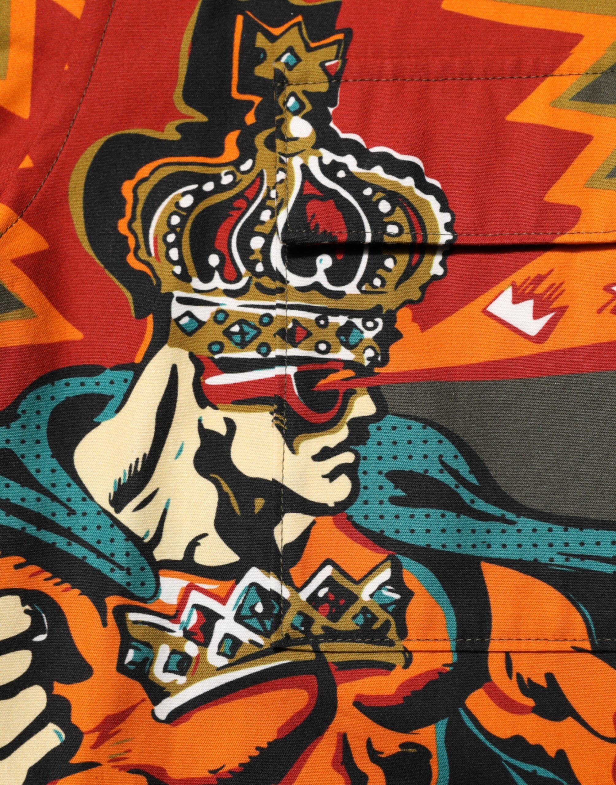 Close-up detail of Dolce & Gabbana brown superhero print shirt by KILAUE