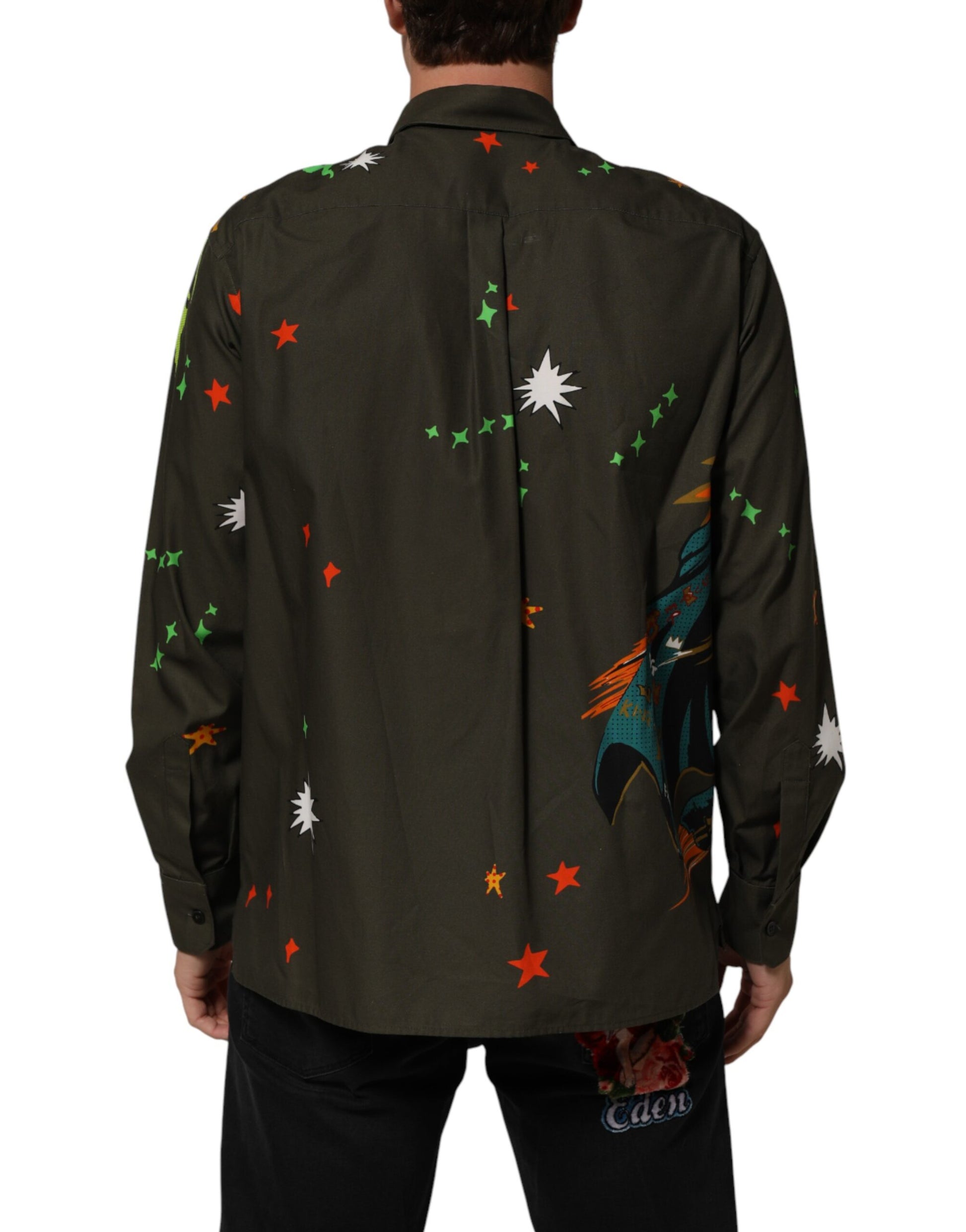 Front view of Dolce & Gabbana brown superhero print shirt by KILAUE
