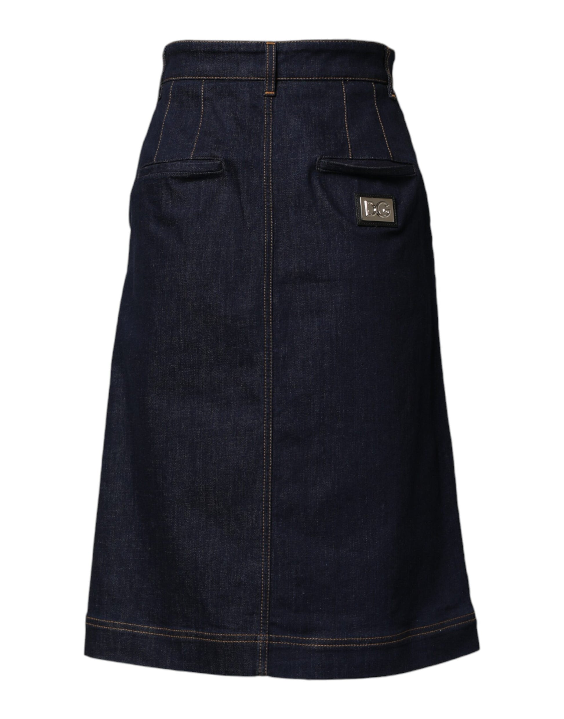 Back view of Dolce & Gabbana dark blue denim midi skirt A-line by KILAUE
