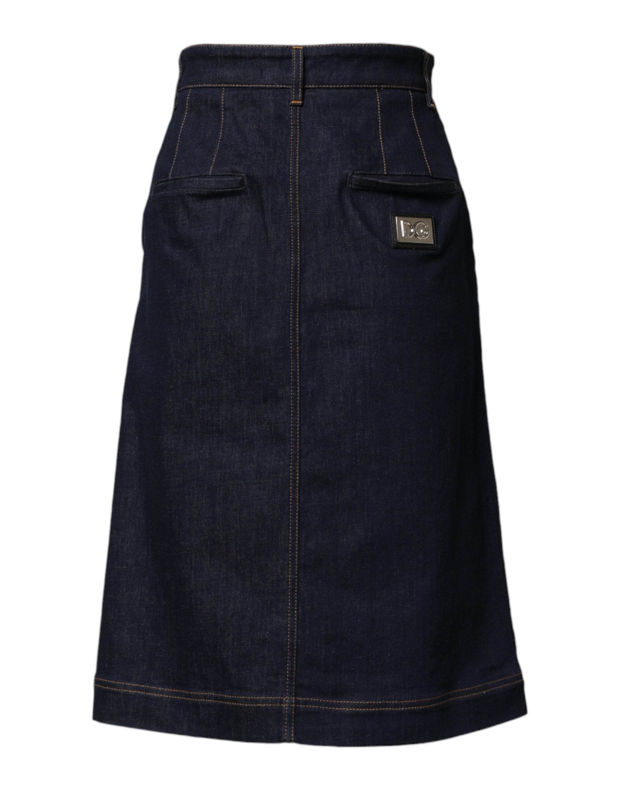 Back view of Dolce & Gabbana dark blue denim midi skirt A-line by KILAUE
