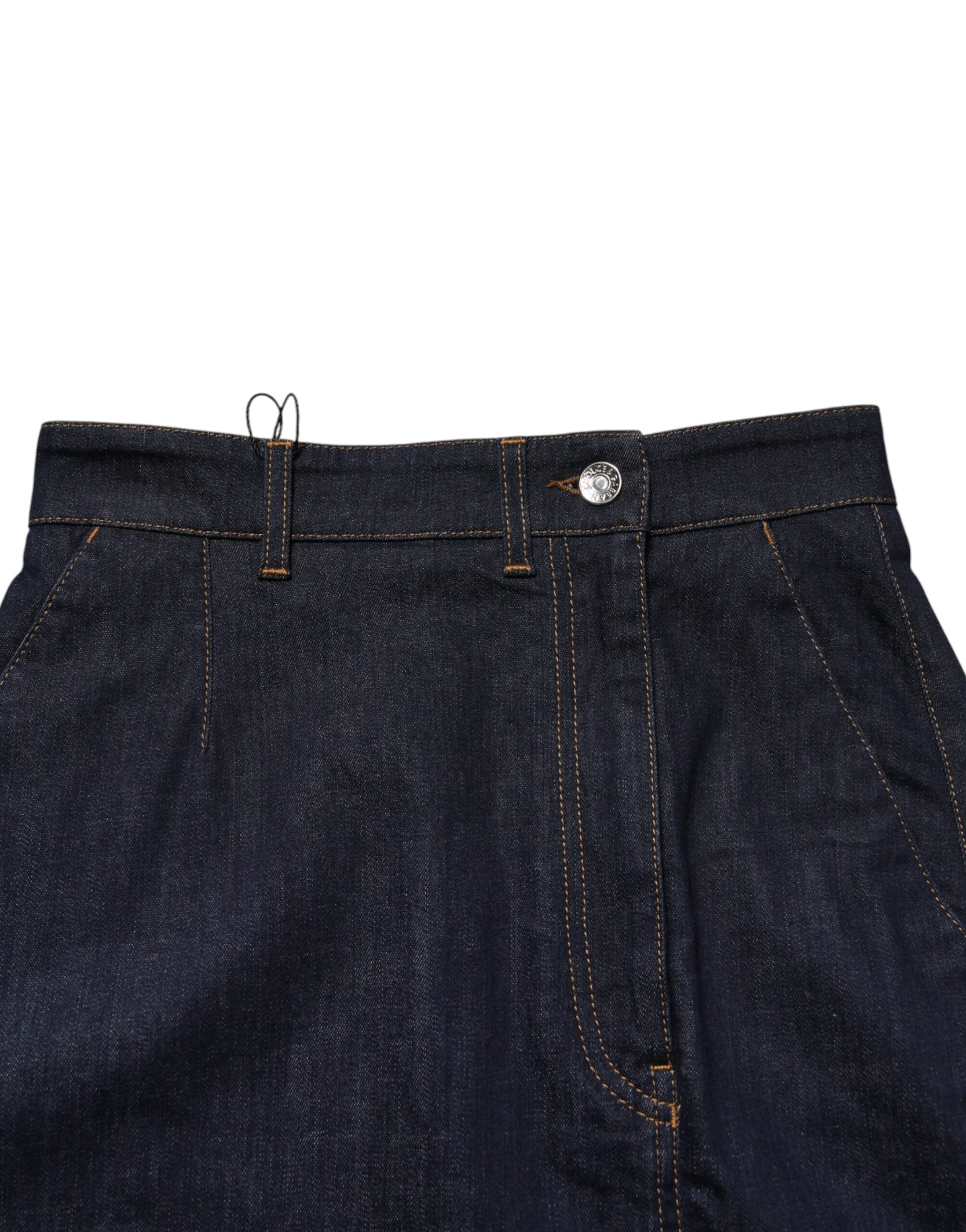 Model wearing Dolce & Gabbana dark blue denim midi skirt A-line by KILAUE
