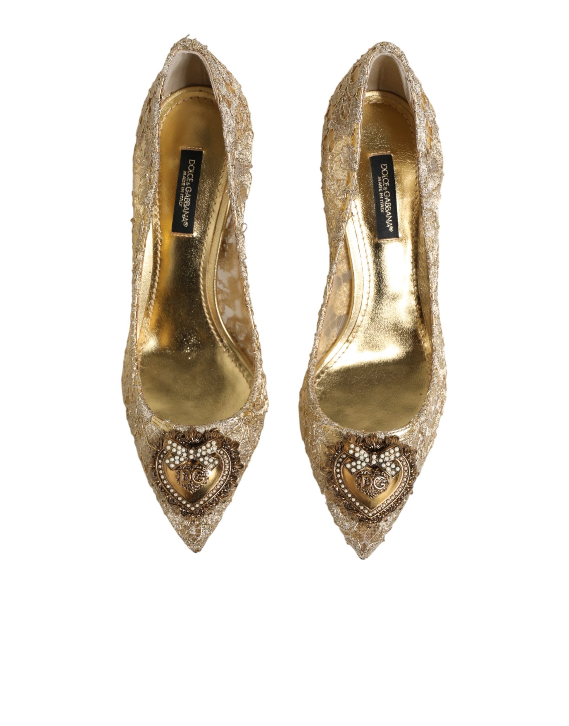 Front view of Dolce & Gabbana gold lace Devotion pumps by KILAUE
