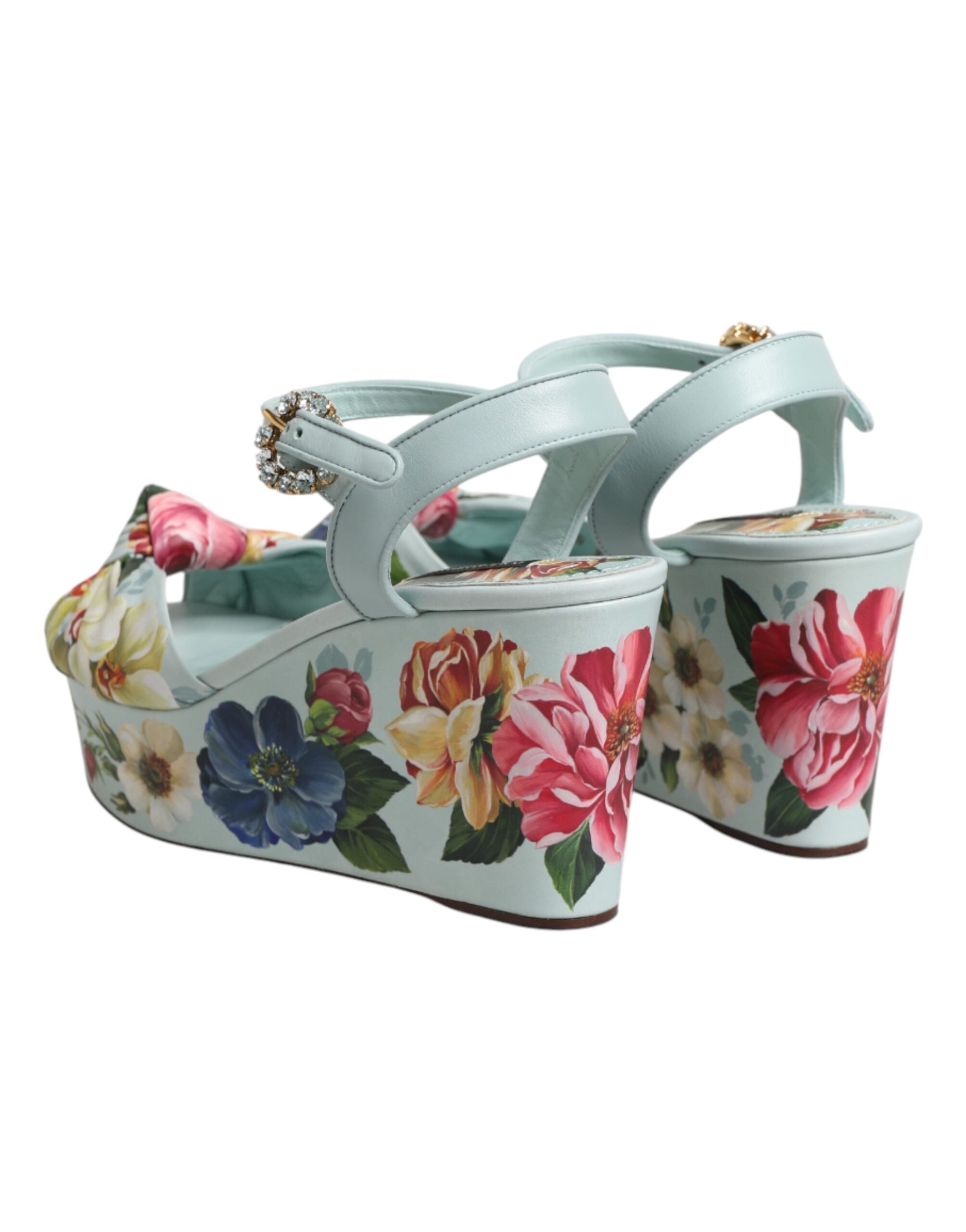 Back view of Dolce & Gabbana green floral ankle strap wedge sandals by KILAUE
