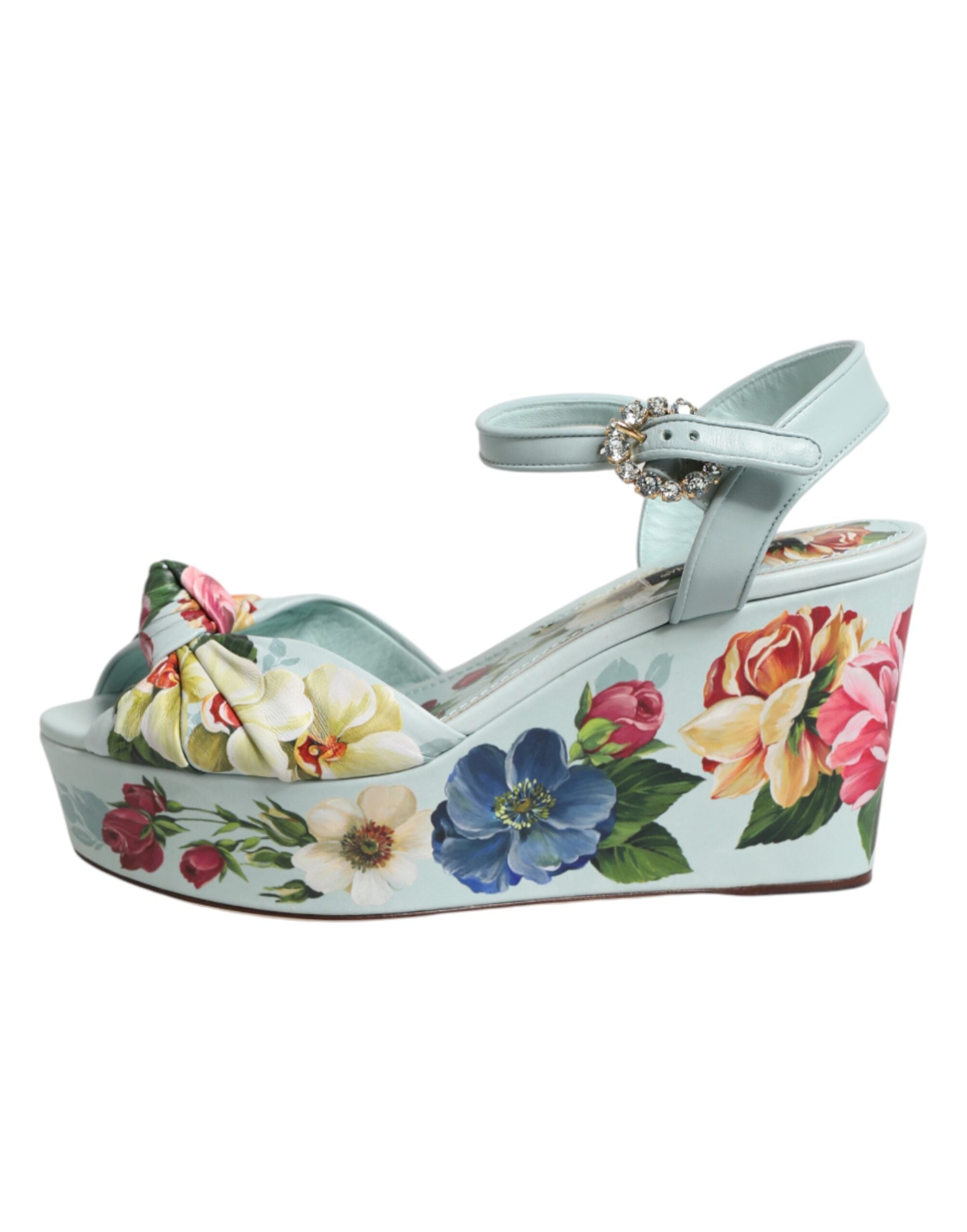 Model wearing Dolce & Gabbana green floral ankle strap wedge sandals by KILAUE
