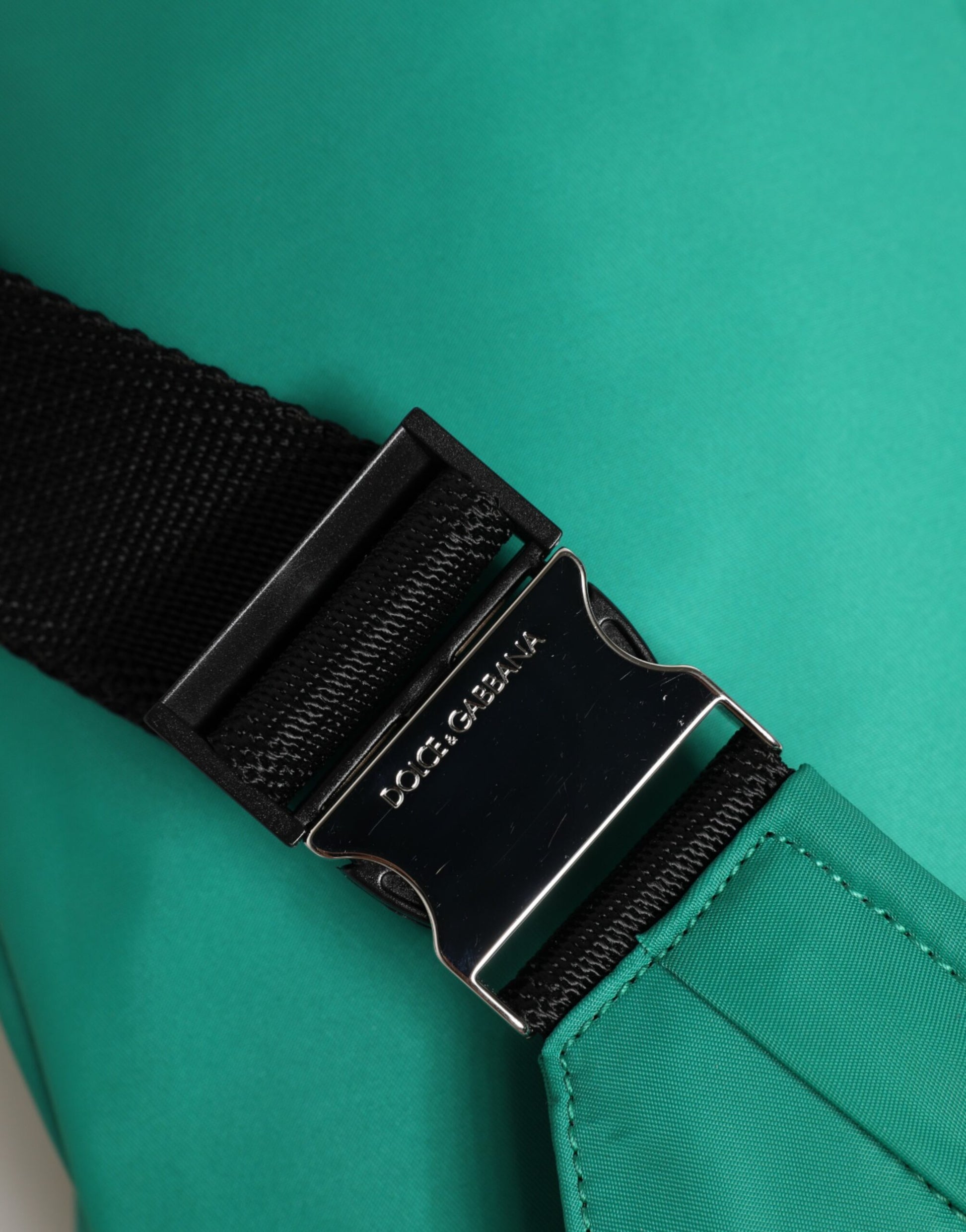 Back view of Dolce & Gabbana green nylon waist bag with logo plaque by KILAUE
