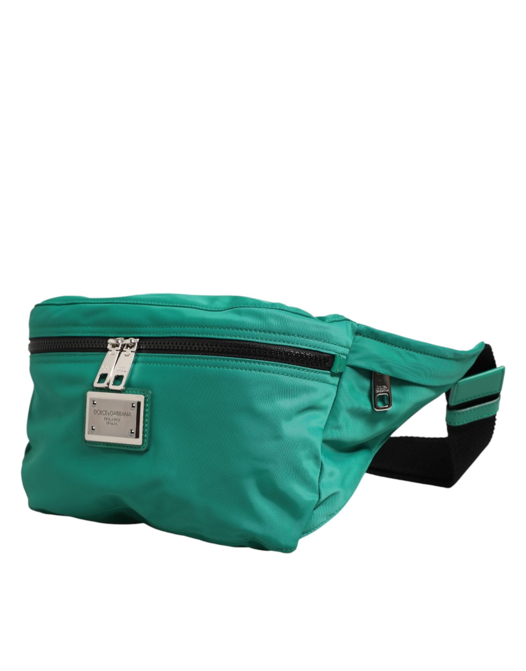 Front view of Dolce & Gabbana green nylon waist bag with logo plaque by KILAUE
